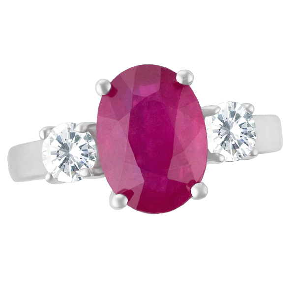 Ruby & diamond ring in platinum with 4.06 carat ruby and 0.70 cts in side round diamonds
