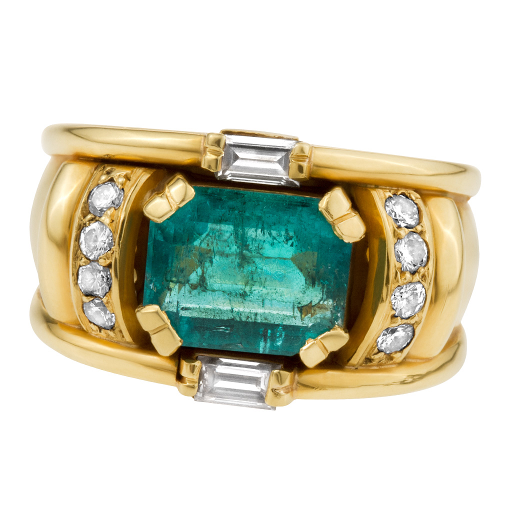 Emerald & diamond 18k yellow ring