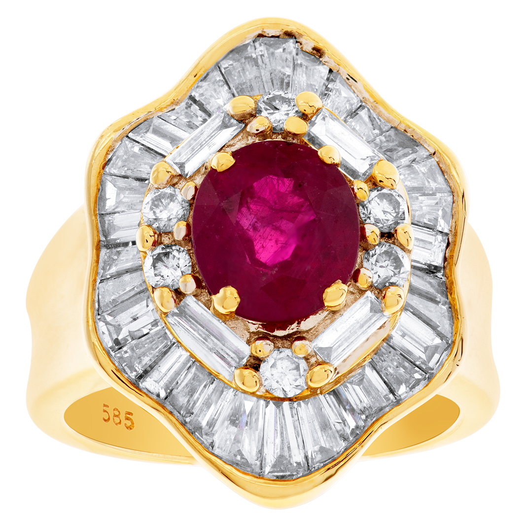 Gorgeous Ruby ring (1.61 cts) with 2.00 cts baguette and round diamonds in 14k