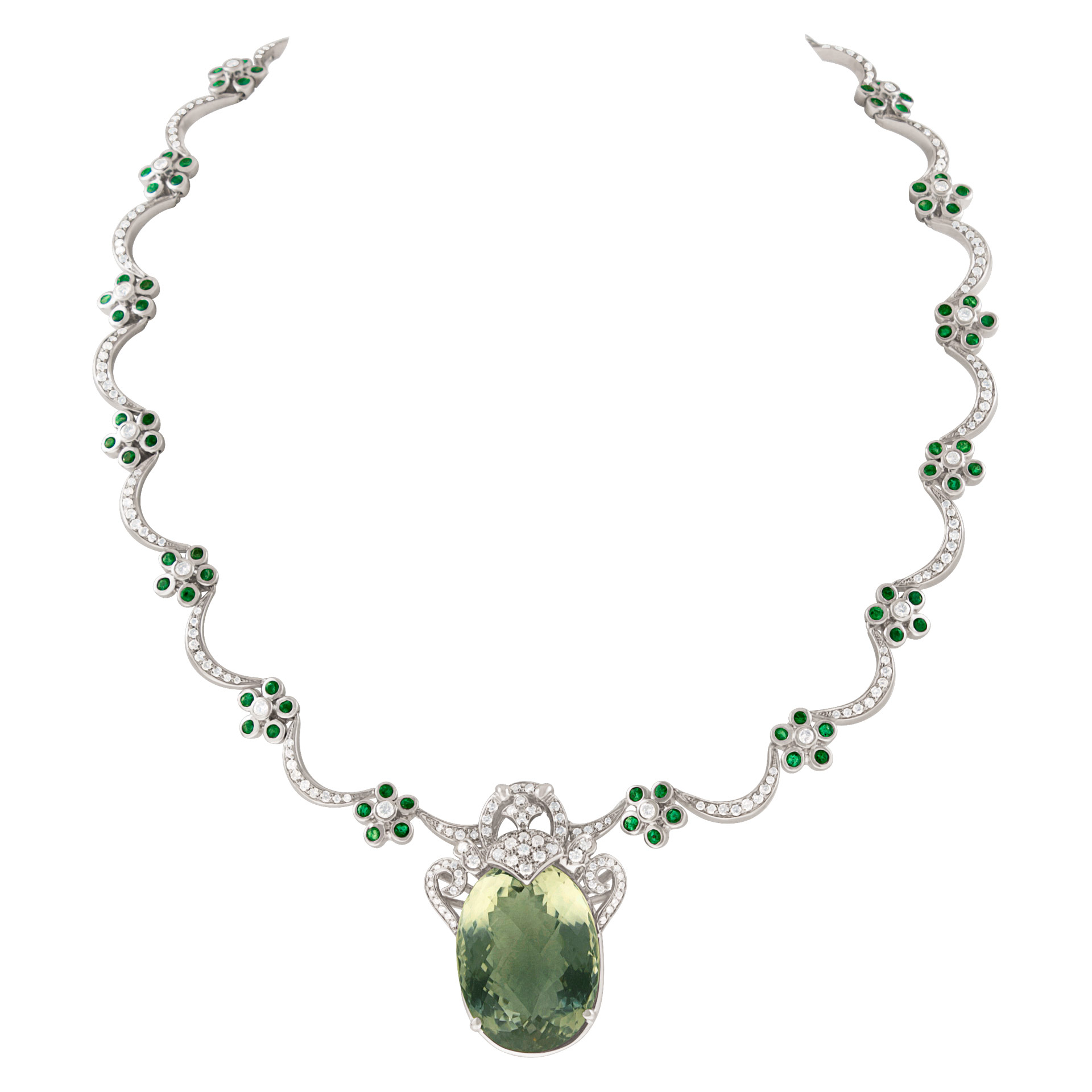 Green amethyst, diamond & emerald necklace in 14k white gold