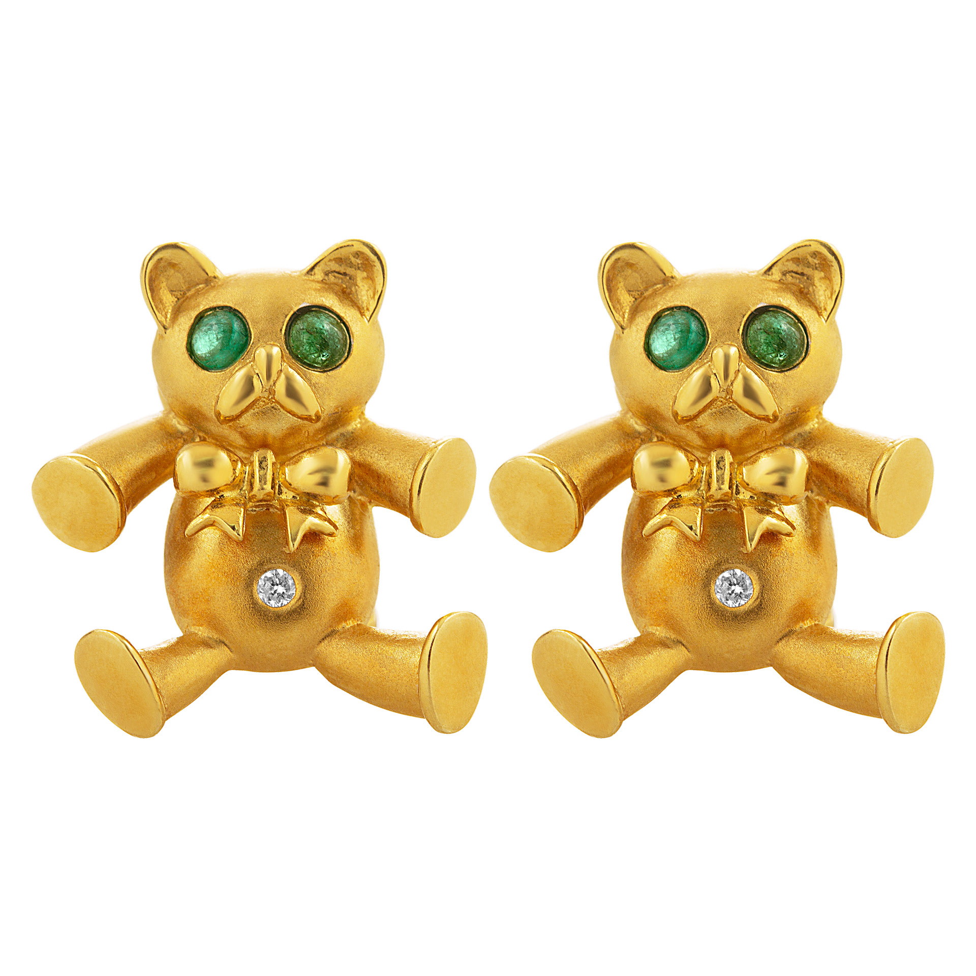 Bear earclips in 18k yellow gold with emerald eyes & diamond belly button