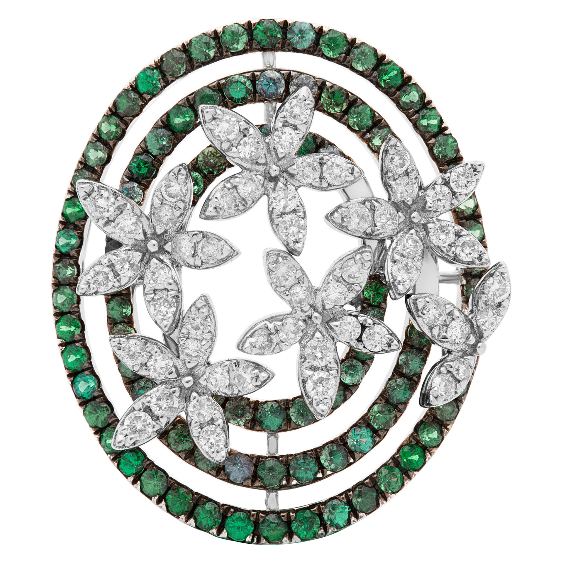 Floral style pendant in 18k white gold. 0.92 cts in diamonds and 2.13 cts in emerald