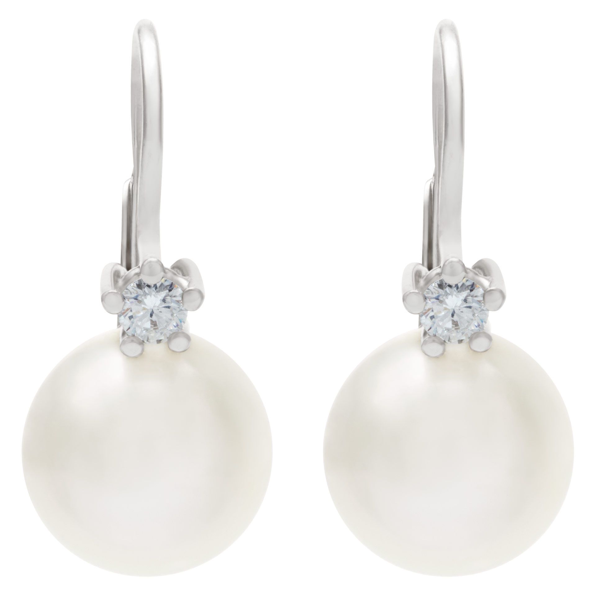 South Sea pearl with diamond accent earrings in 18k white gold. 0.24cts in diamonds.