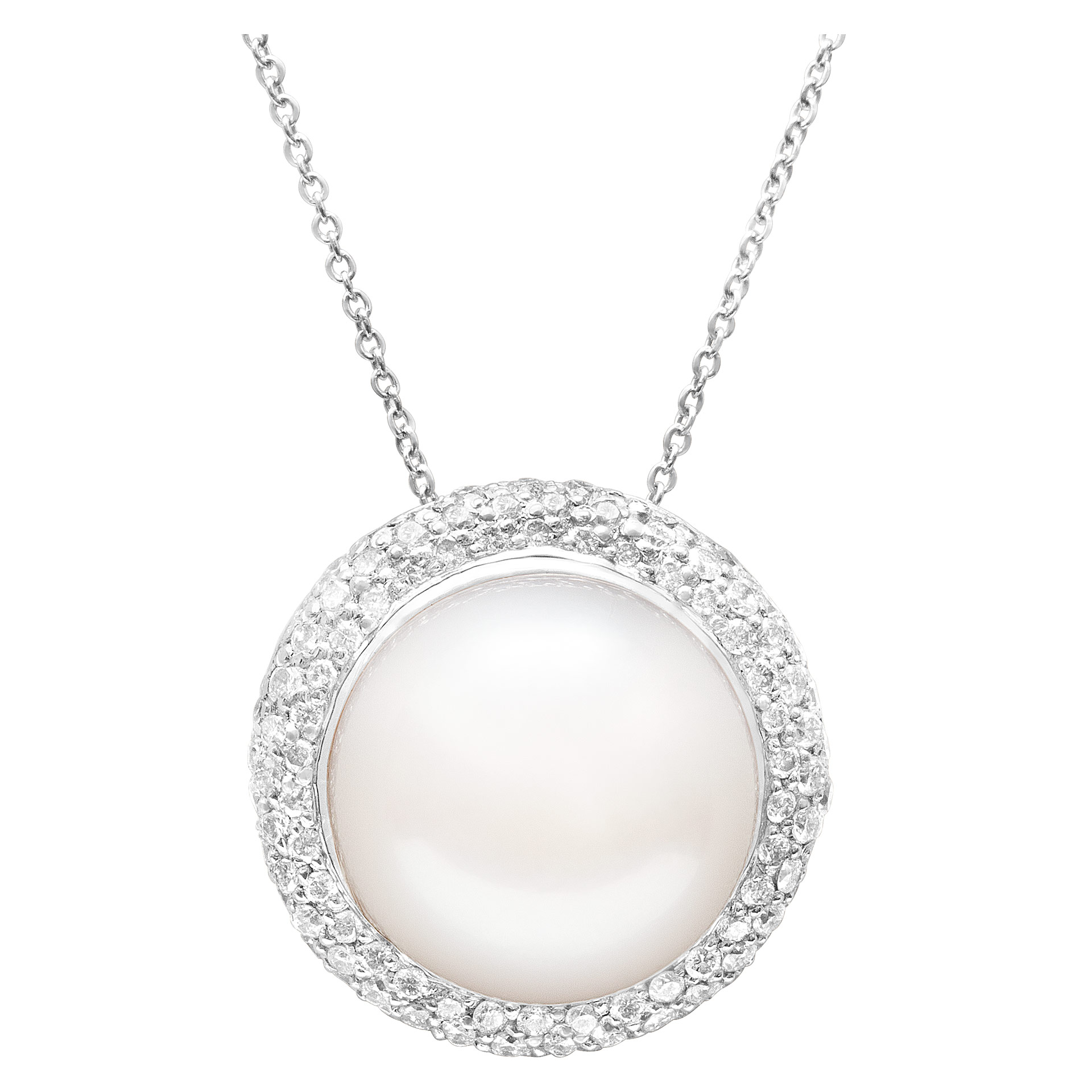 South Sea pearl pendant necklace with diamonds in 18k white gold chain. 0.77cts