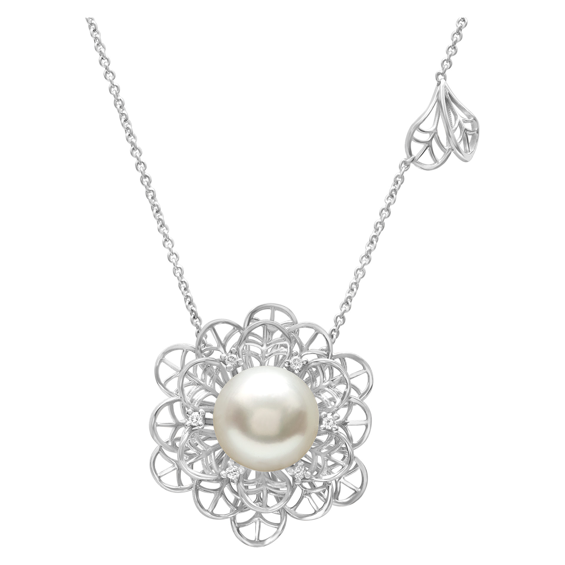 Big flower style 11.8mm South Sea Pearl necklace with diamond accents in 18k white gold