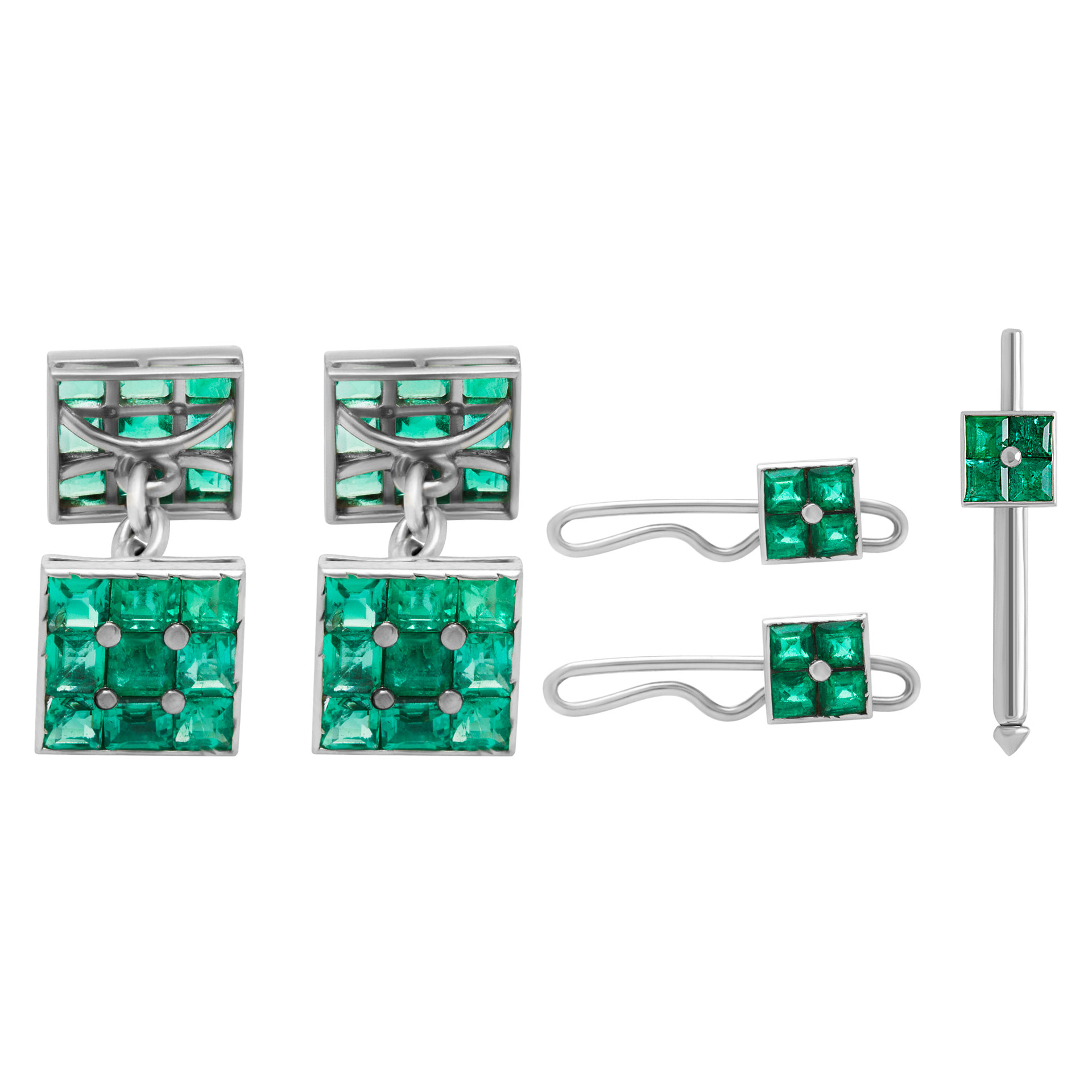 Emerald cufflinks and 3 piece stud set in platinum and gold