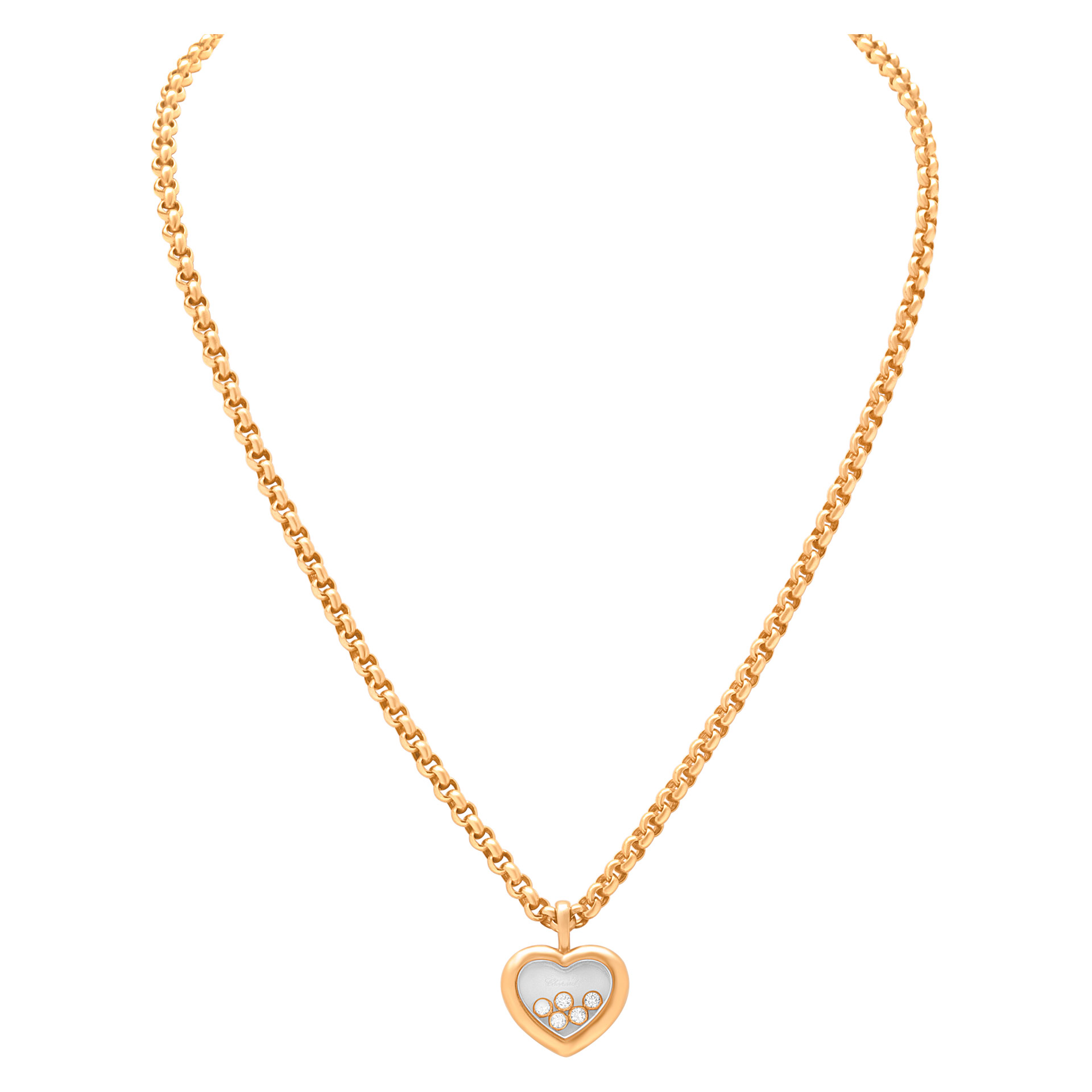 Chopard Happy Diamond Heart pendant necklace with 5 floating diamonds on Rolo link chain, 0.28 cts
