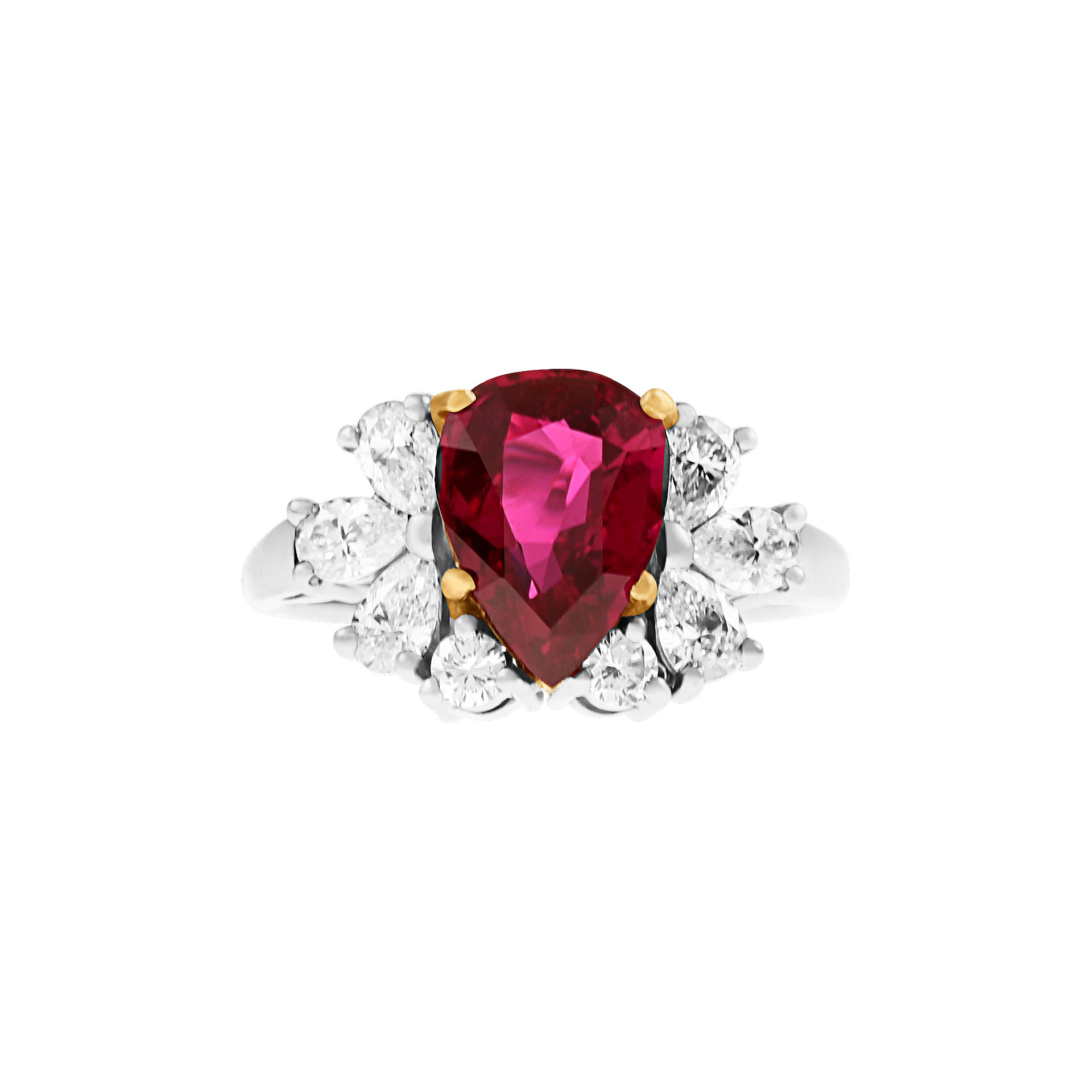 AGL certified Thai heated ruby ring in 18k & platinum. 2.83 carat pear shaped ruby