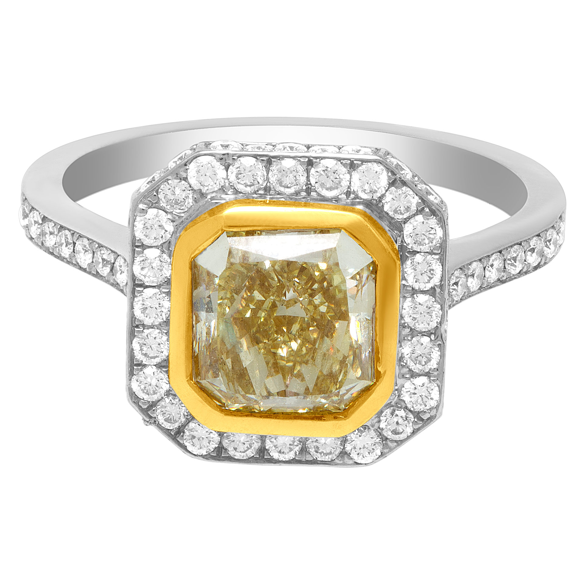 GIA certified 2.38 cts. radiant cut natural fancy yellow, SI1 clarity Diamond set in 14k w/g approx. 0.57 cts in diamonds