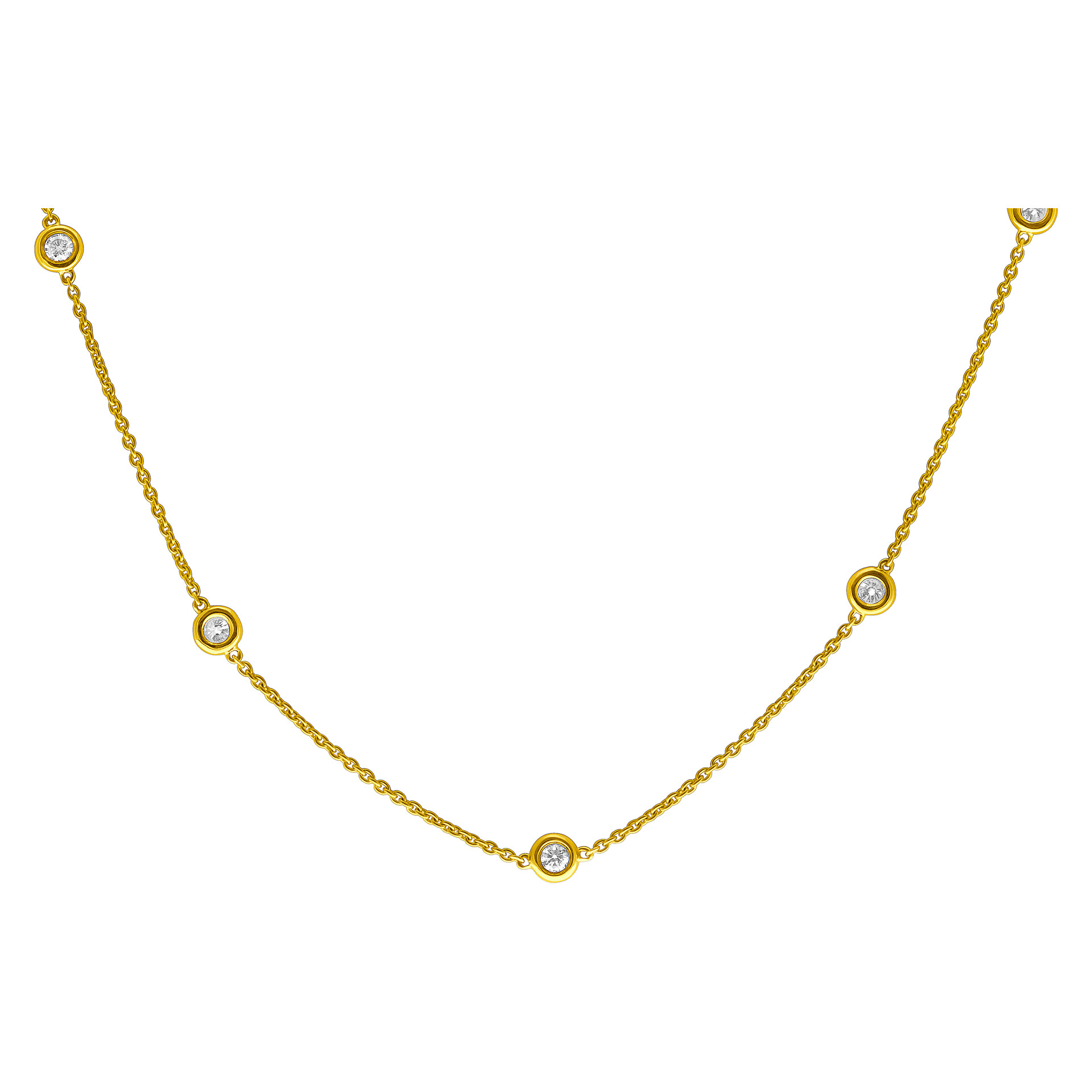 Diamonds by the yard, 14k yellow gold chain (36"), with 2.25 carats round brilliant cut serti diamonds.