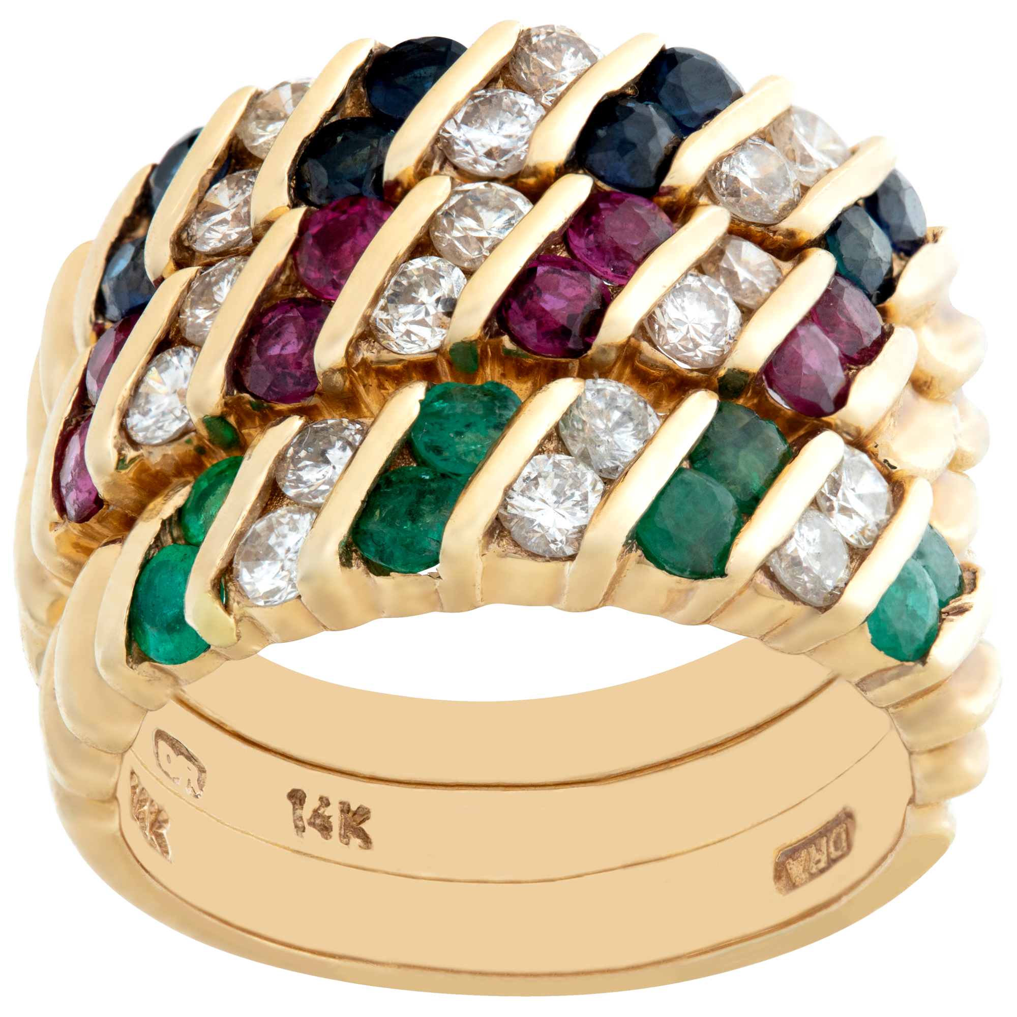 Set of 3 rings in 14k yellow gold with diamonds sapphires, rubies, emeralds
