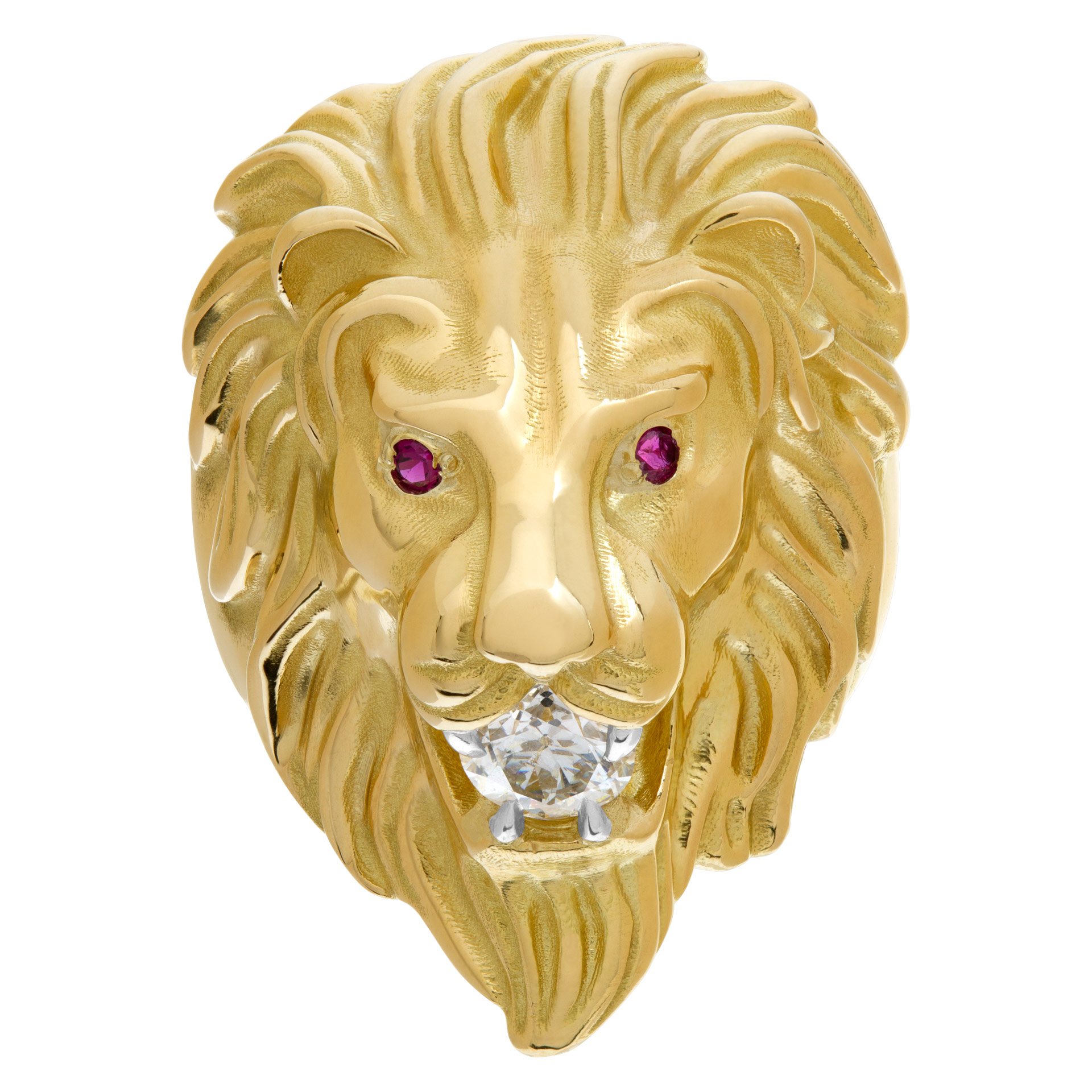 Magnificant 14k Yellow Gold Lion sculpted ring with 0.88 carat brilliant circular diamond held in the clutches of the lions mouth. Along with two stunning ruby eyes.