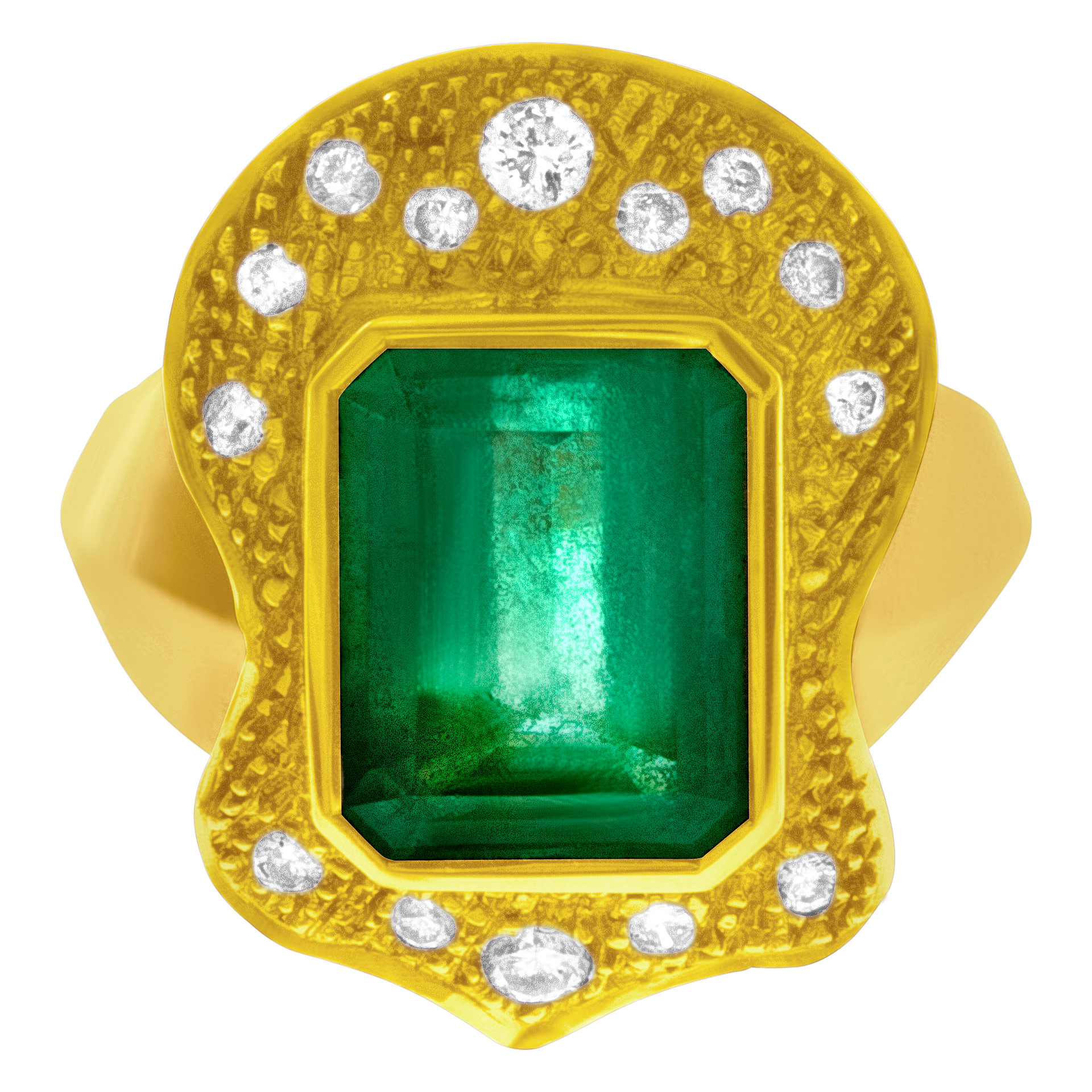 Emerald ring with diamond accents in 18k. 4.00 carat emerald. Size 8