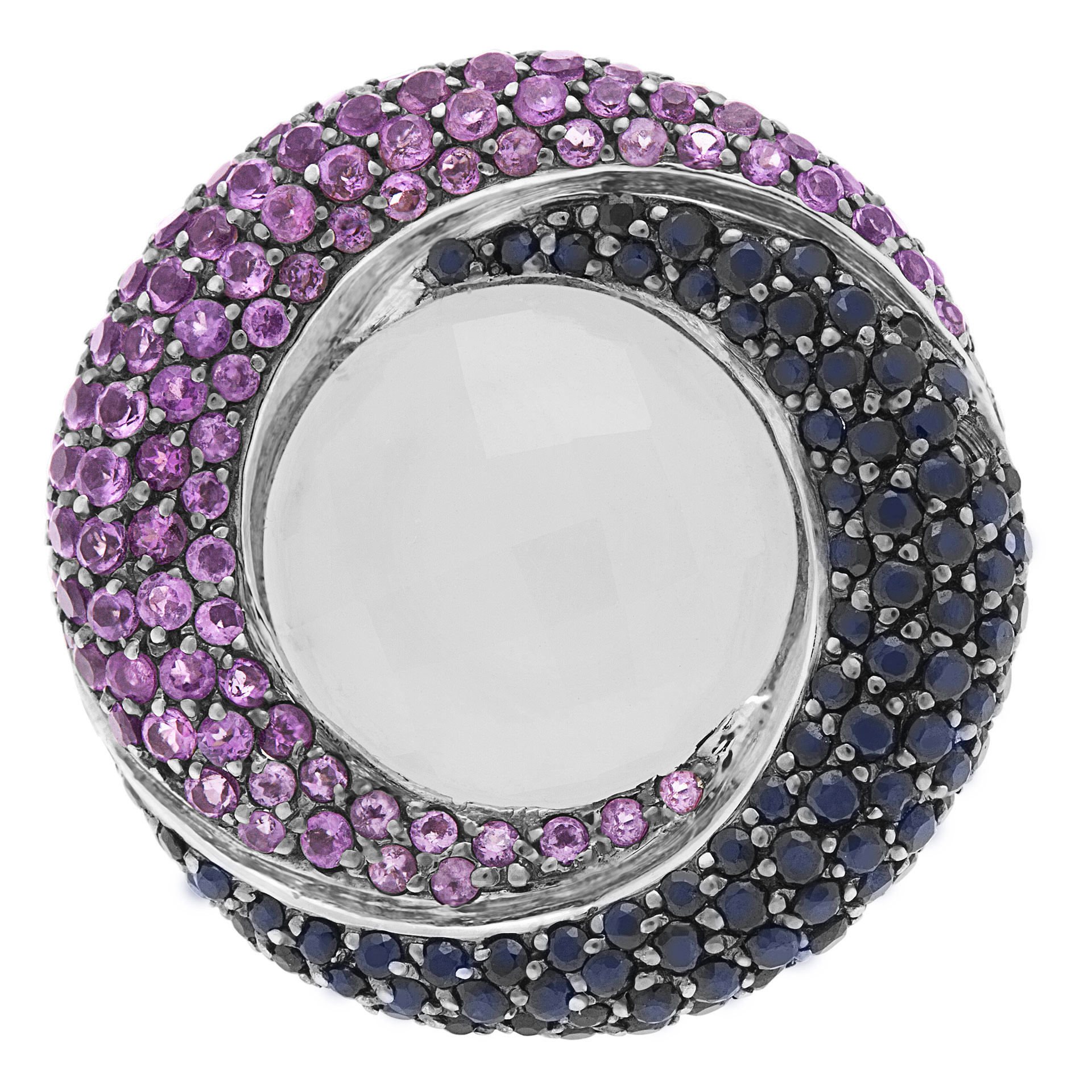 Moonstone with blue sapphires and purple amethyst ring in 18k white gold
