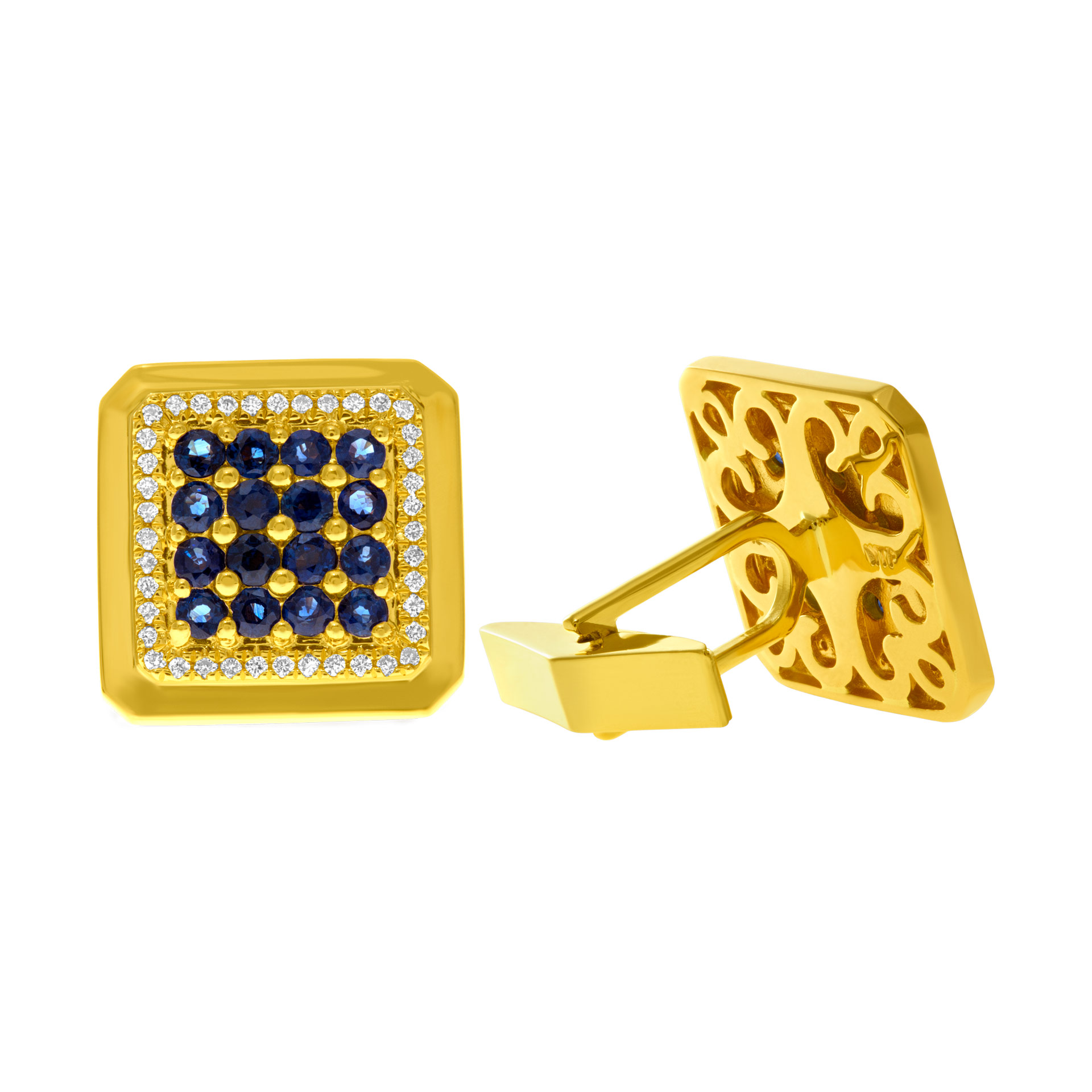 Blue sapphire and diamond cufflinks in 18k yellow gold.  3.20 carats in sapphires
