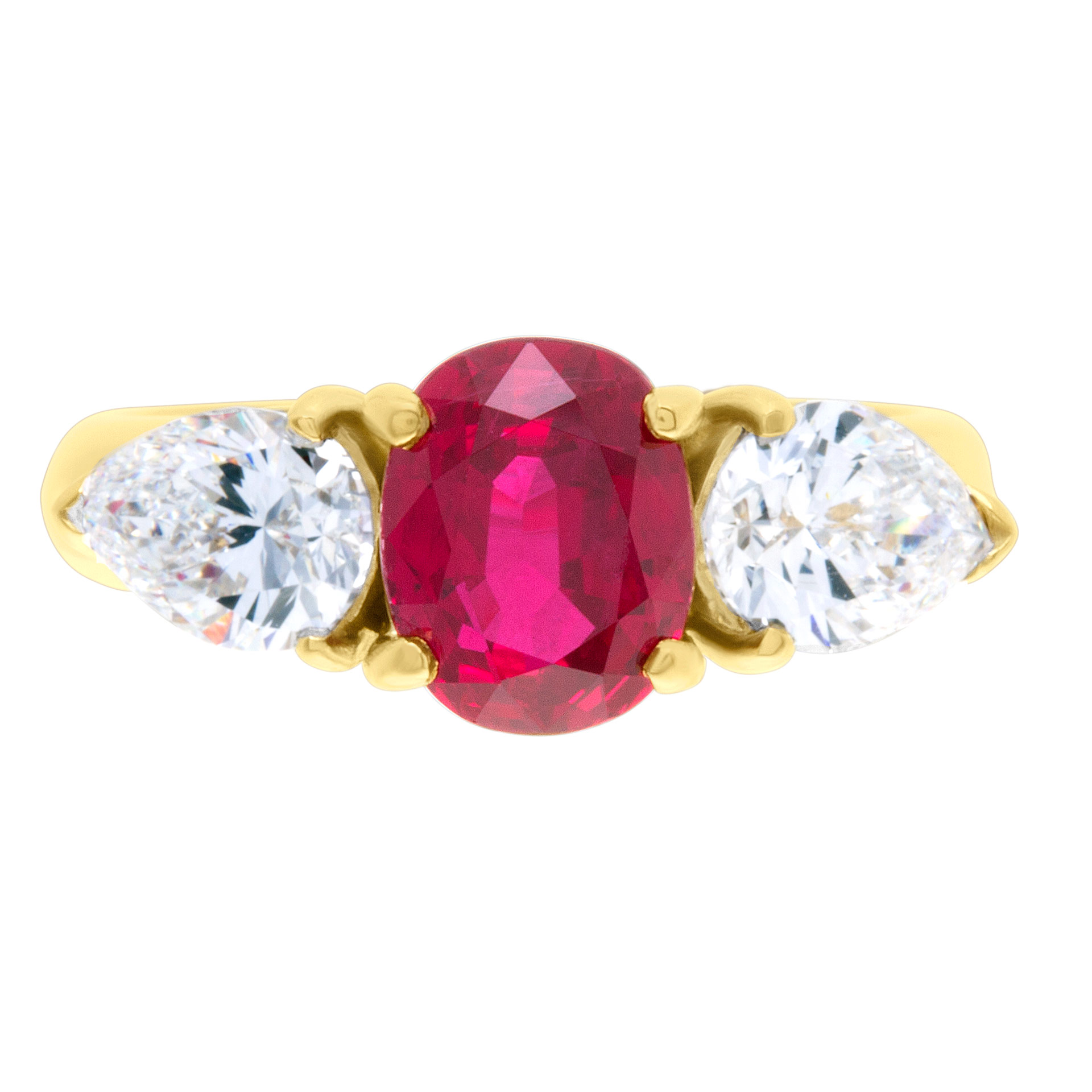 AGL certified 2 carat oval cut ruby ring in in 18k with 2 pear cut side diamonds