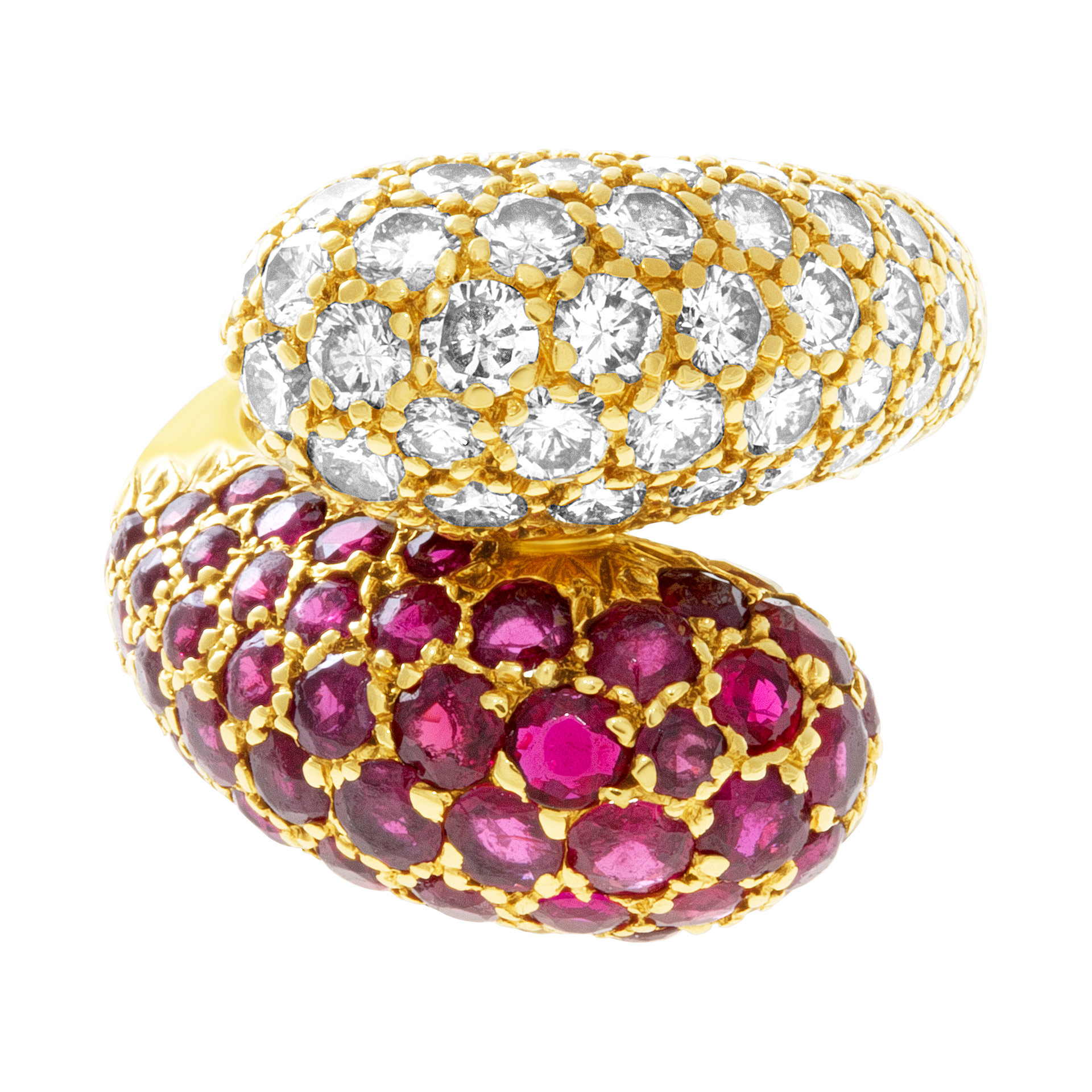 Bypass ruby & diamond ring in 18k yellow gold. 2.5cts in diamonds, 3.00cts rubies. Size 3