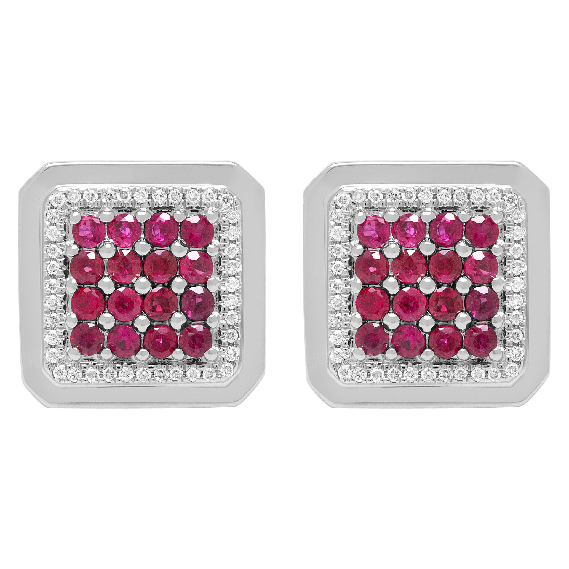 Cabochon rubies and round brilliant cut diamonds square cufflinks in 18k white gold. Cabochon ruby total approx. weight: 3.20 carats.