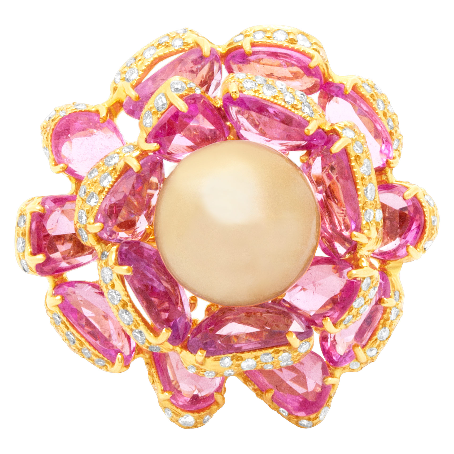 Elegant Pearl, Pink sapphire & Diamond ring set in 18k yellow gold
