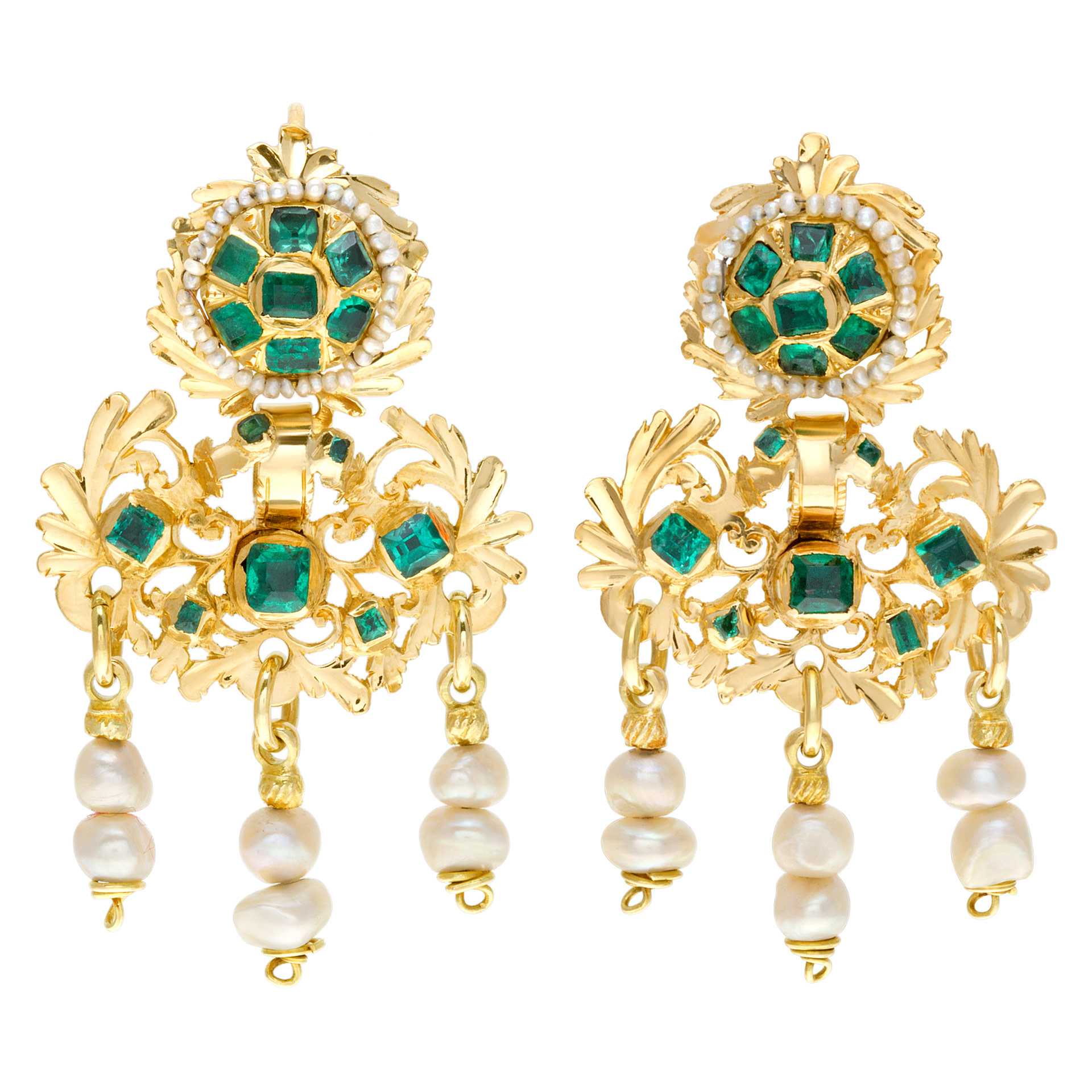 Dangling earrings with natural seed pearls and Columbian emeralds in 18k