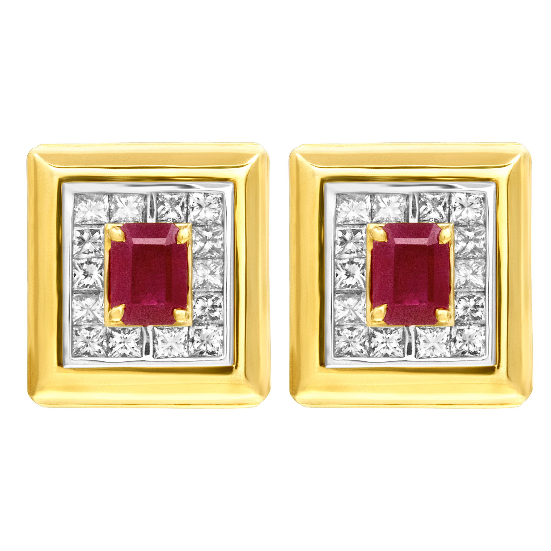 Ruby & diamond earrings in 14k 1.40 cts in princess cut diamonds