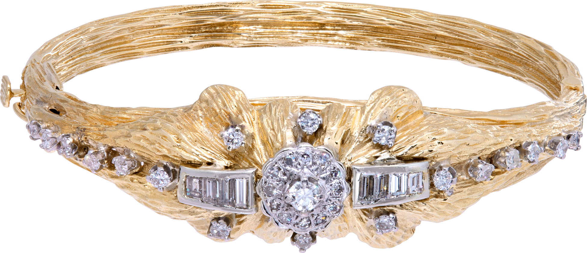 Vintage hinged diamonds bangle bracelet in bark finished 18k yellow gold. Round & baguettes cut diamonds total approx.weight: 1.50 carat