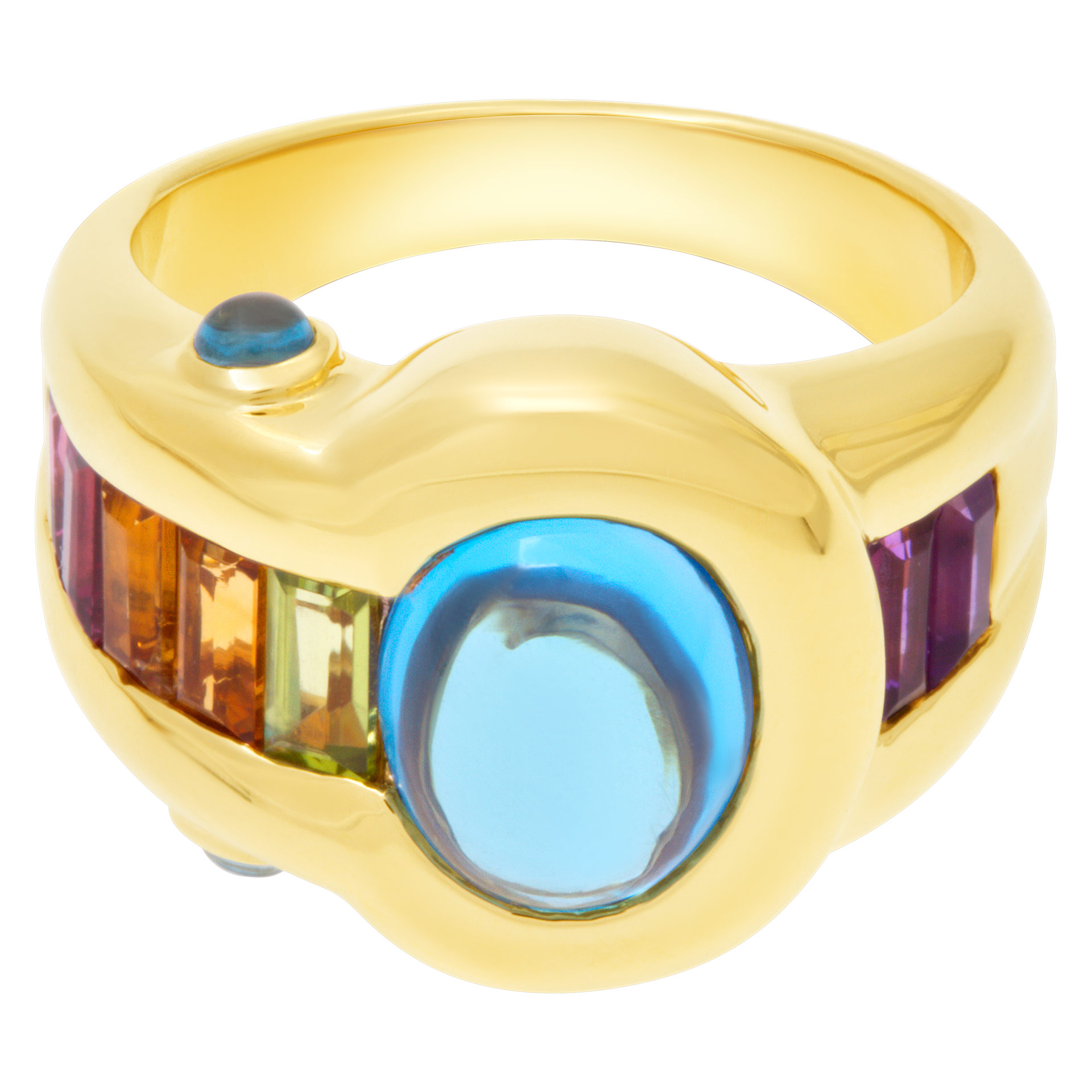 Blue Topaz cabochon ring in 18k yellow gold with amethyst & semi-precious stones