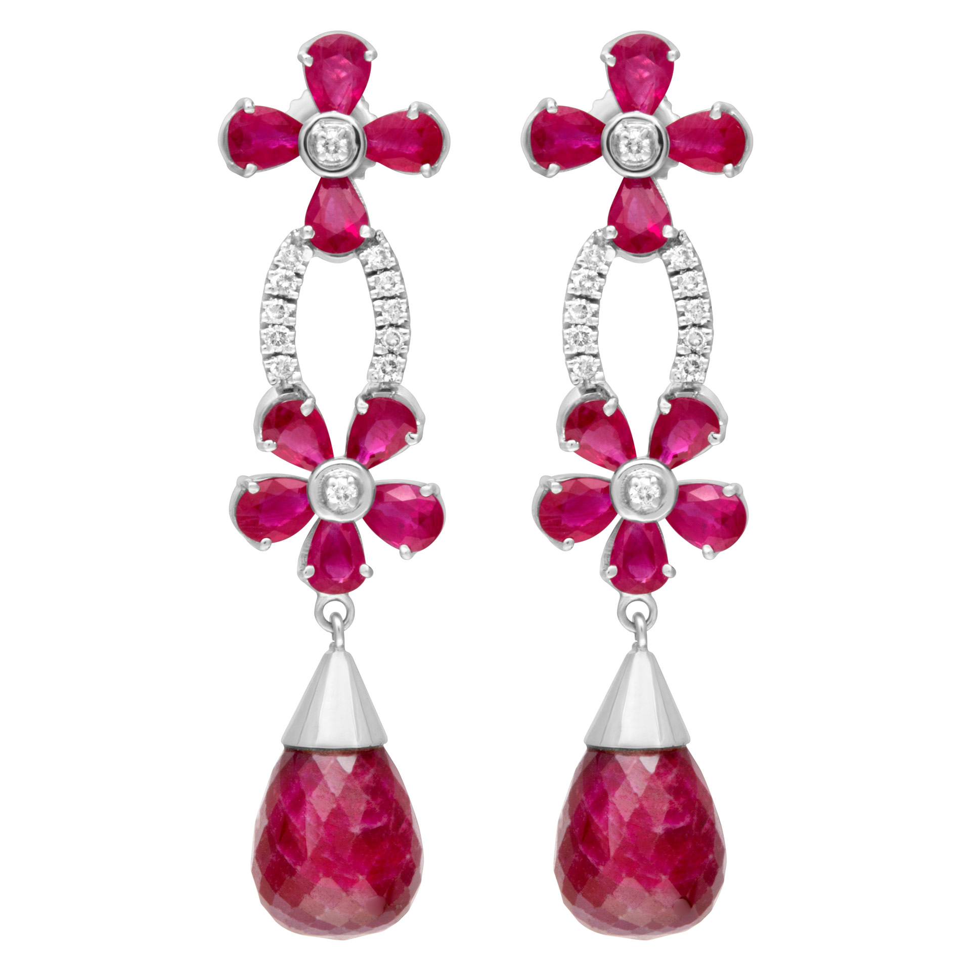 Dangling ruby and diamond earrings in 18k white gold
