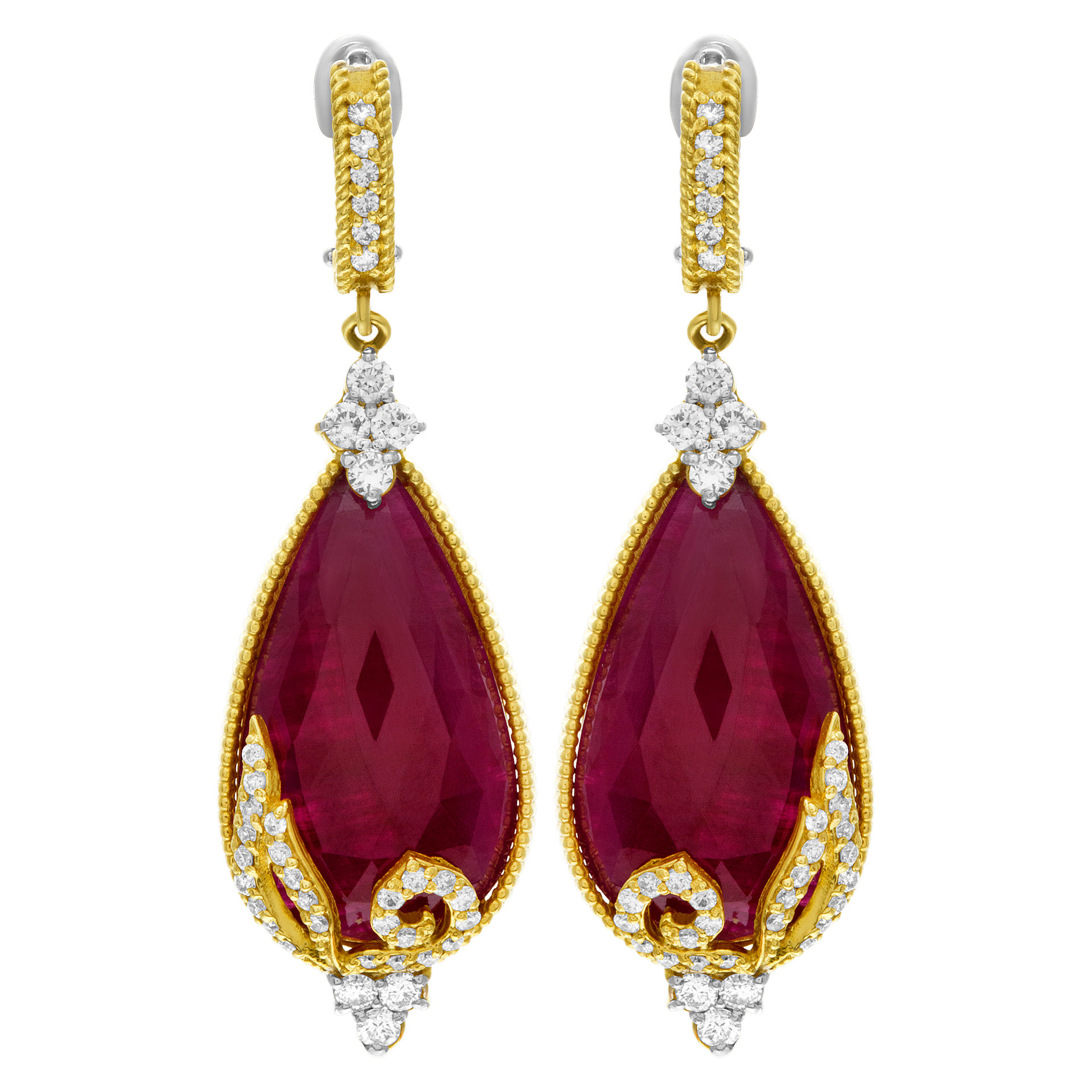Faceted Ruby slice earrings in 18k with diamond accents, approx. 0.70 cts in diamonds