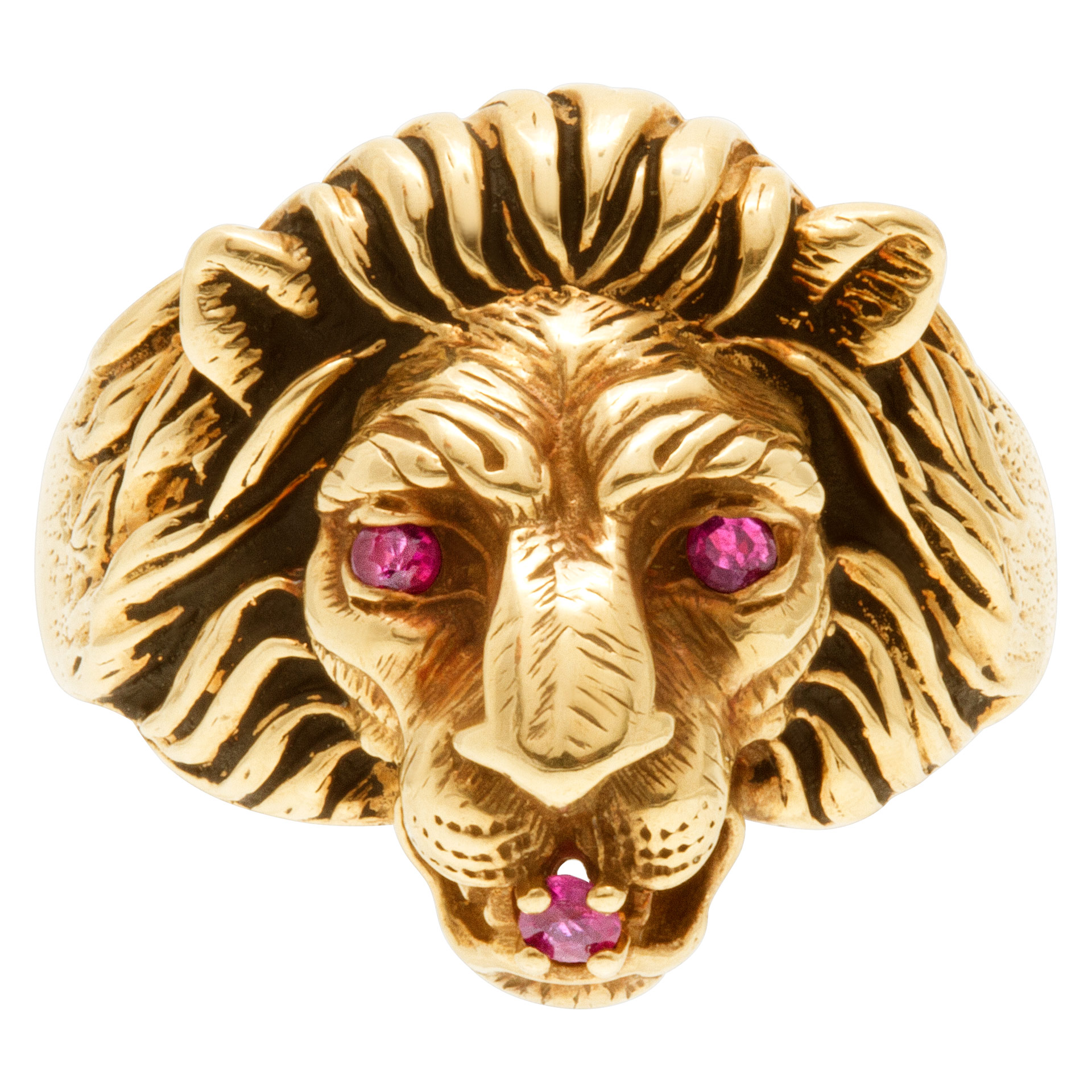 Head of Lion ring with ruby accents in 14k gold