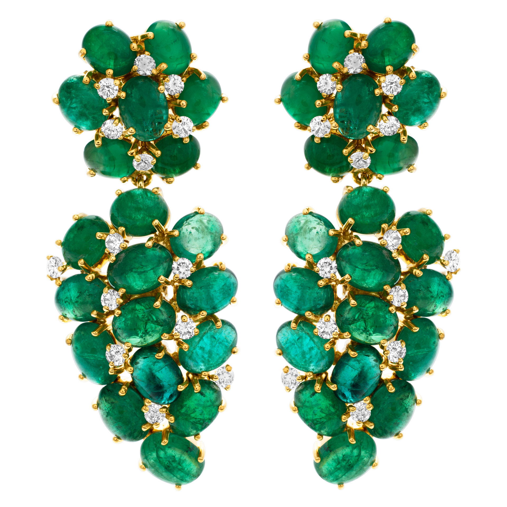 Zambian earrings with 1.31 carats in round cut diamonds and 30.66 carats in emeralds set in 18k gold