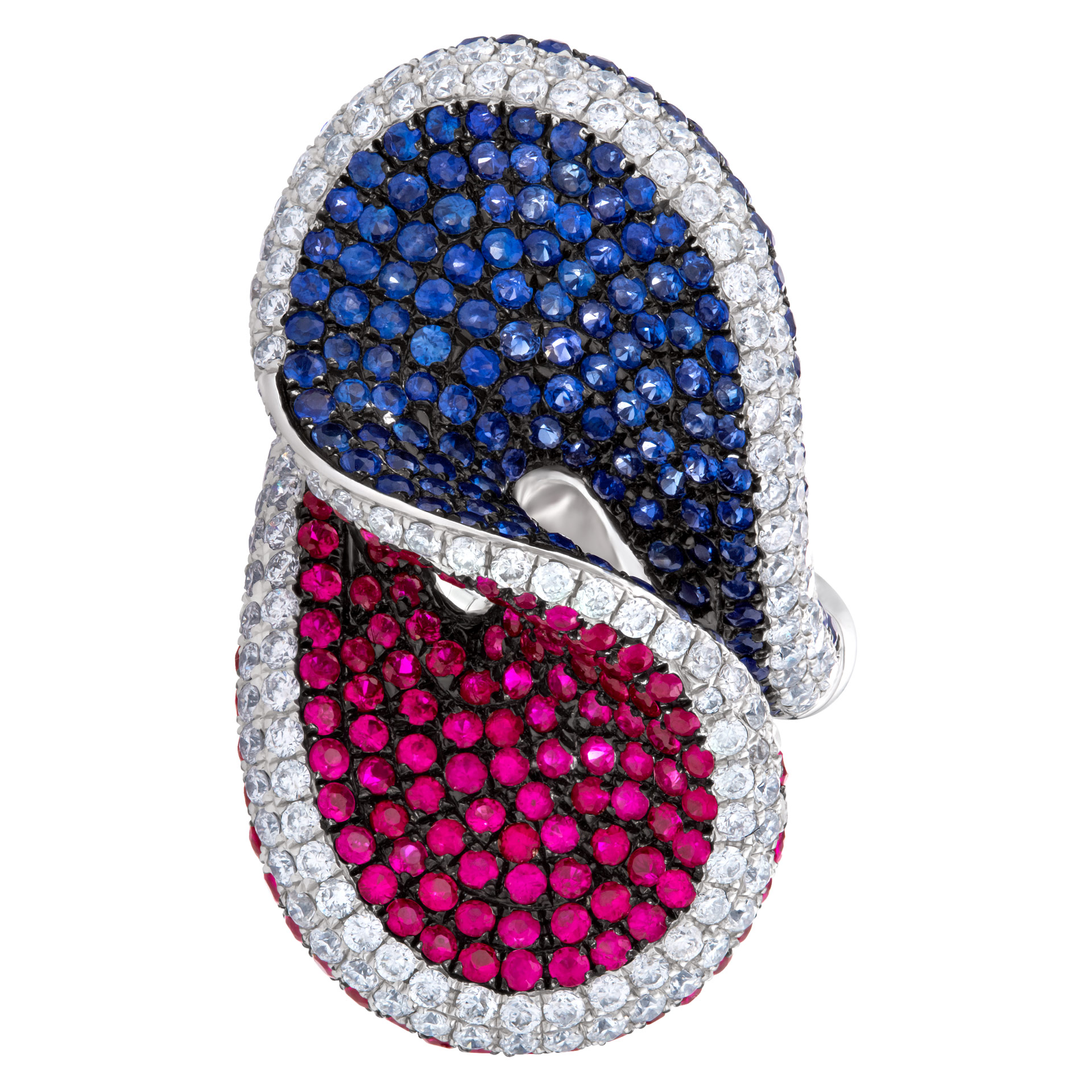 Beautiful twisted diamond, sapphire and ruby ring set in 18k white gold