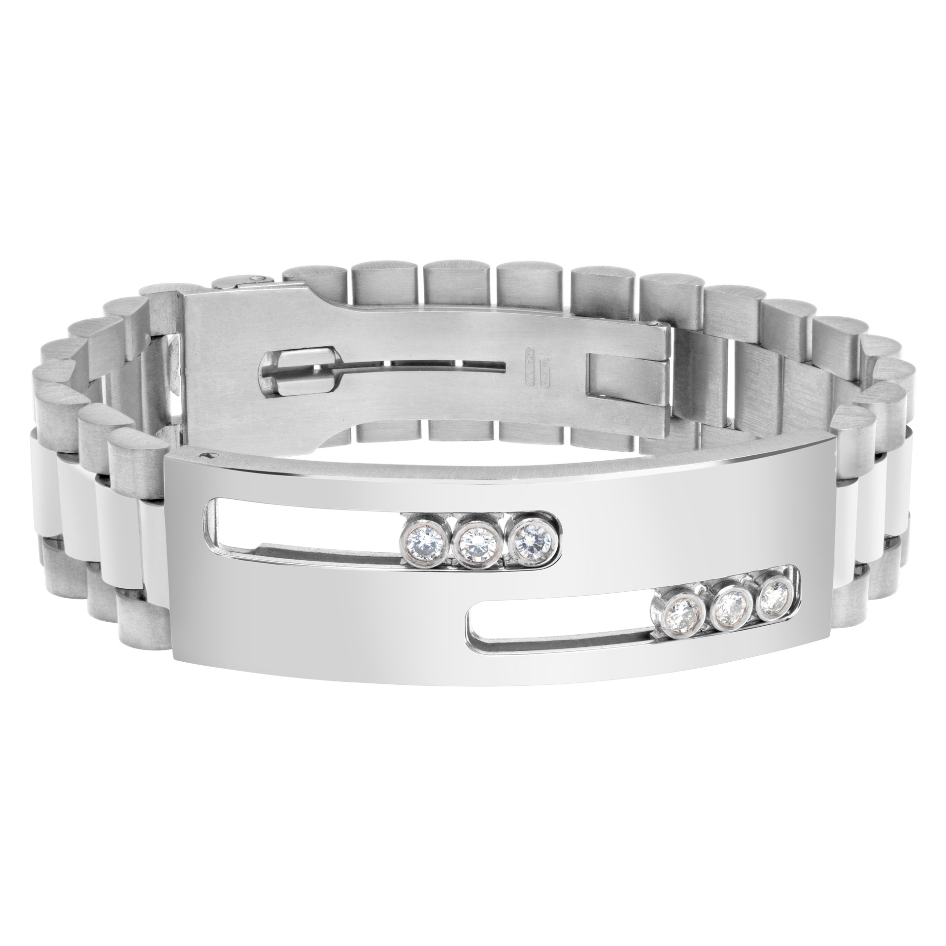 "President" link I.D. style bracelet with sliding diamonds in 14k white gold