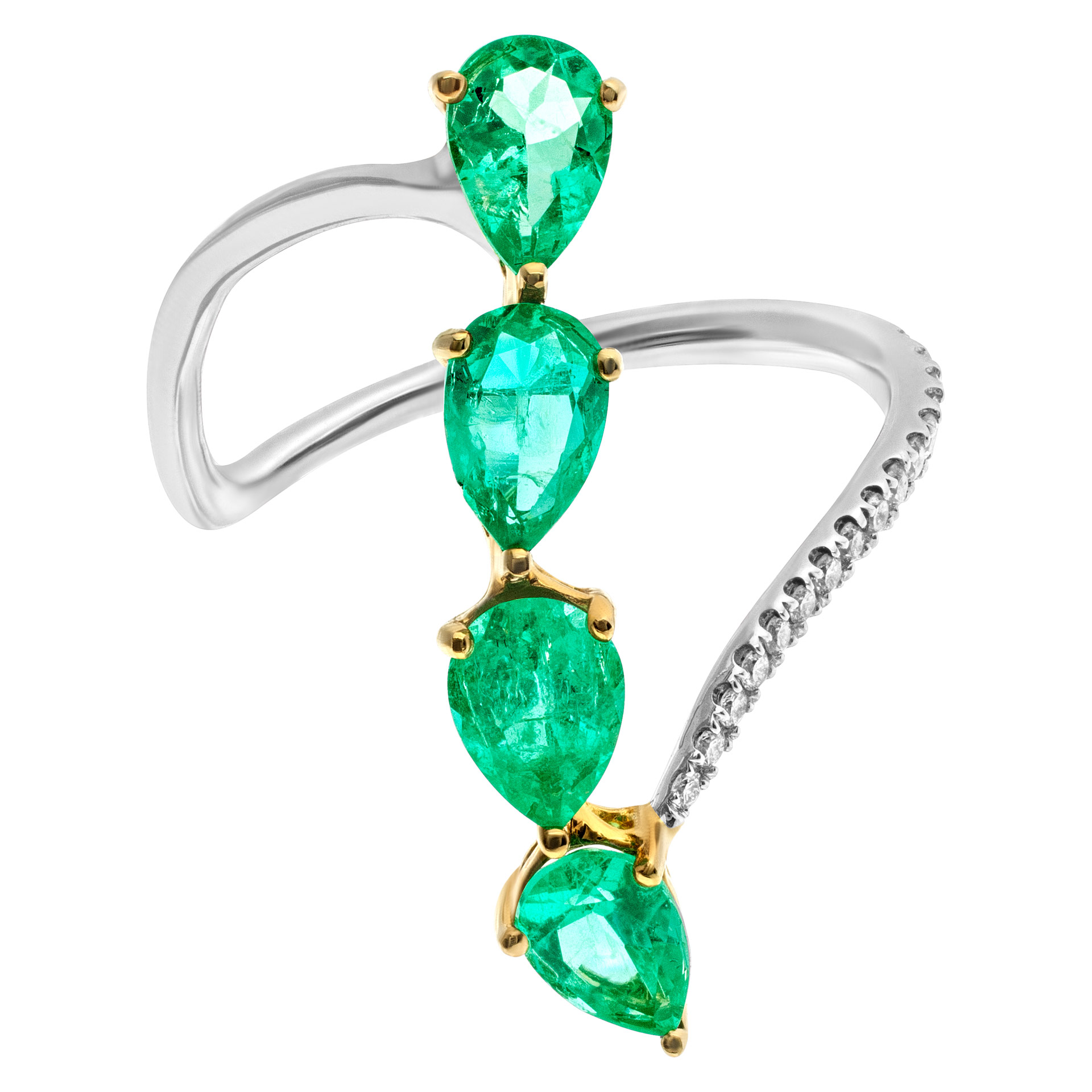 Emerald diamond drop ring in 18k white and yellow gold
