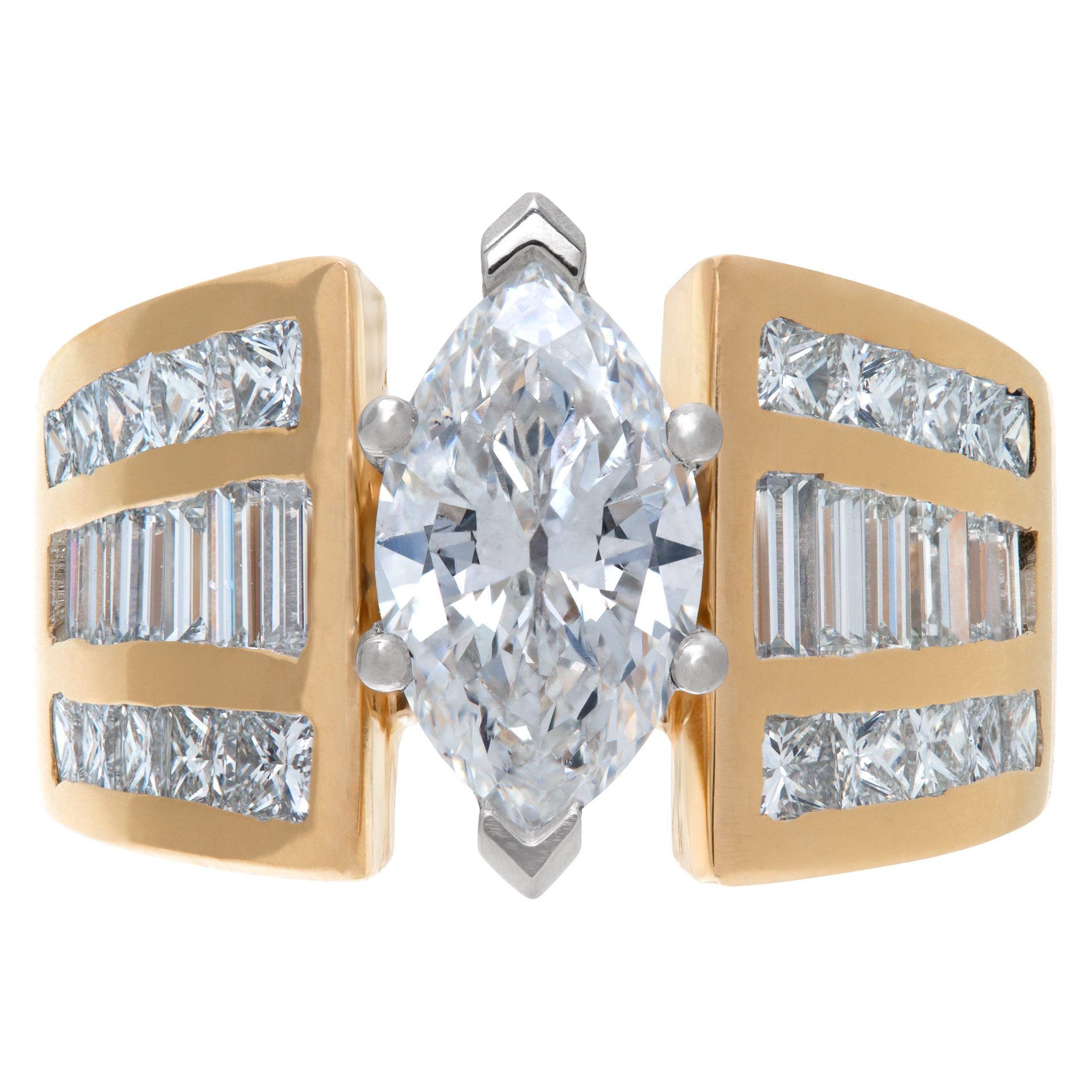 Marquise diamond 1.52 carats F Color, SI2 clarity in a 14k yellow gold and platinum setting with approx. 2 carats in side diamonds