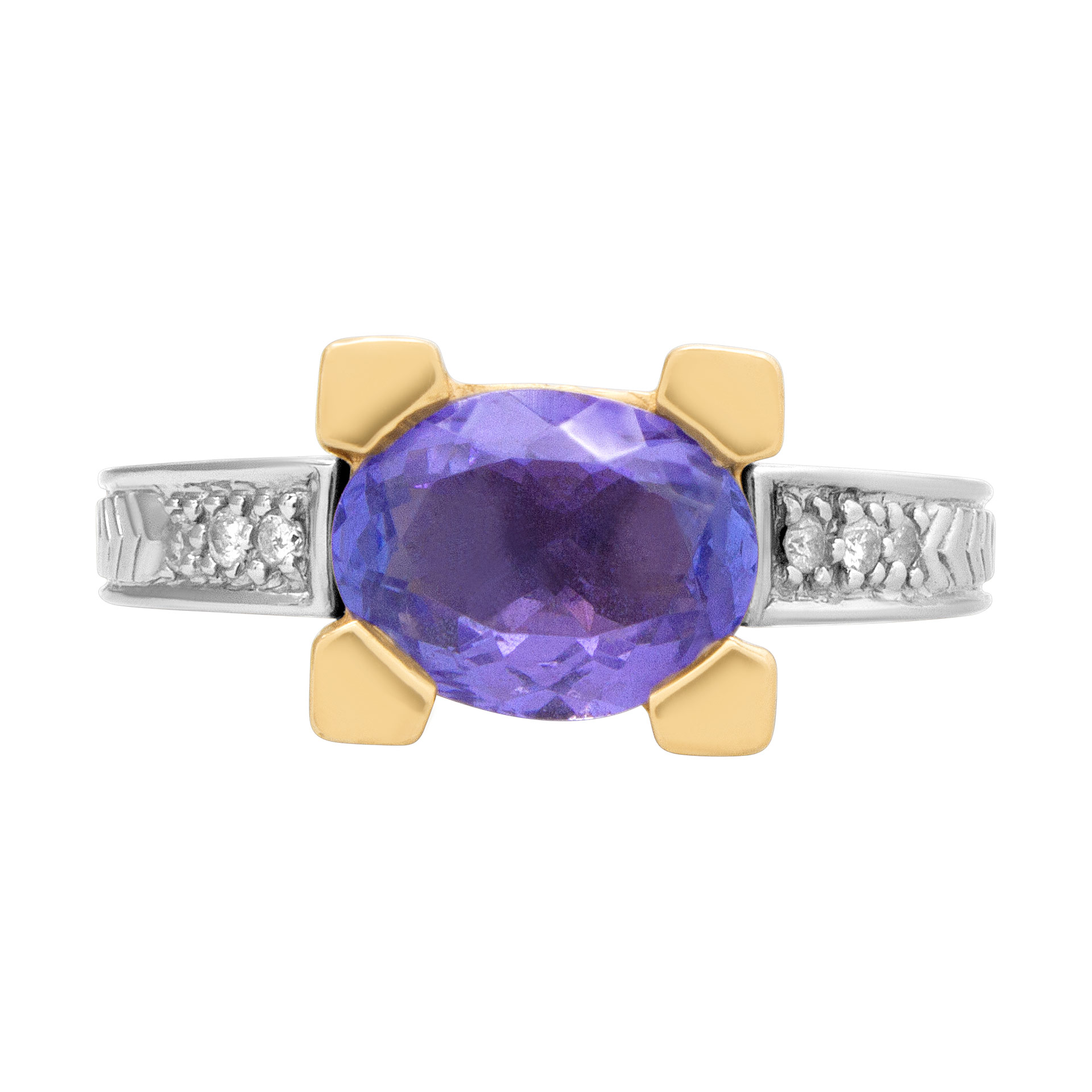 Tanzanite ring (1.50 cts) with diamond accents in 14k white and yellow gold