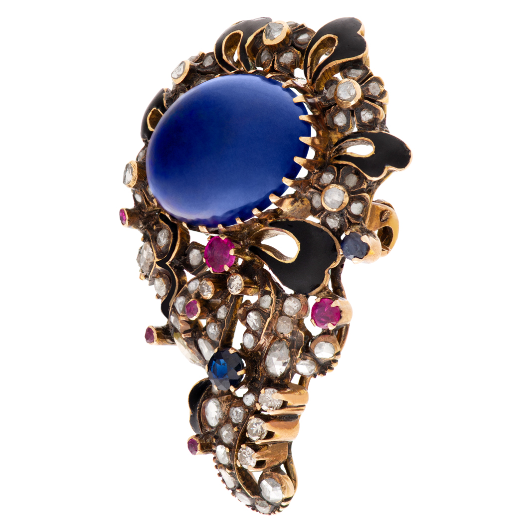 Antique Brooch with Cabochon lapis lazuli center and rose & cushion cut diamond set in 14K gold