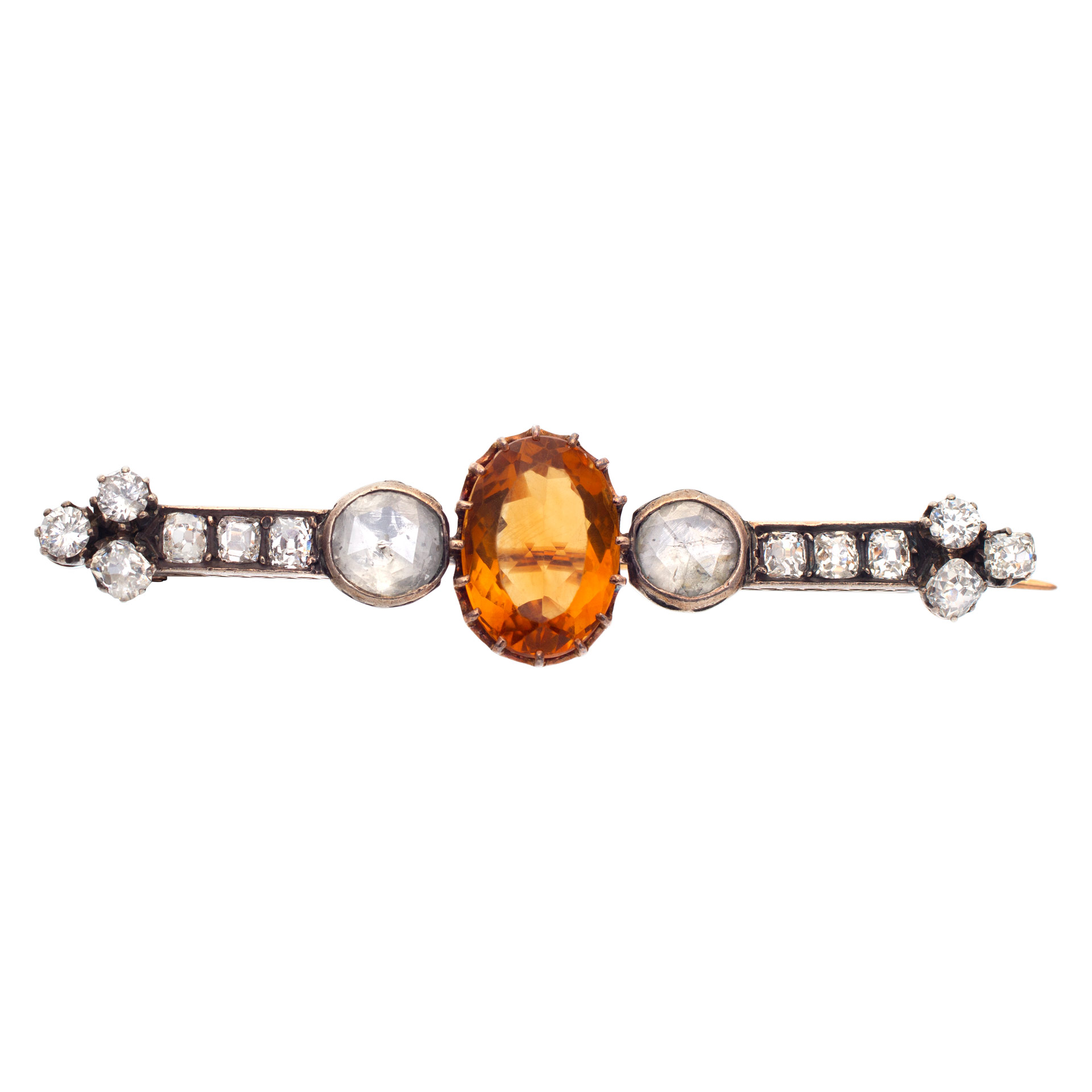 Antique (circa 1870) bar pin with rose, cushion cut diamonds and oval topaz center in 18K and sterling silver top. Over 2.00 carats diamonds.