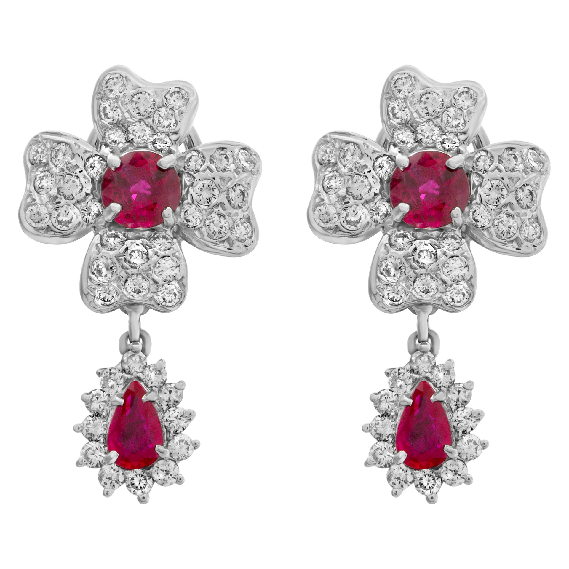 Diamond and ruby floral design earrings in 18k white gold.