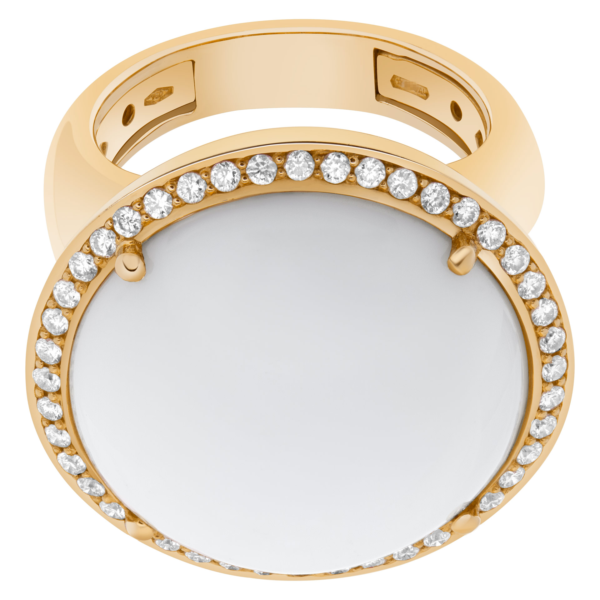 Superbly crafted large white coral cabochon ring with diamonds set in 18k rose gold.