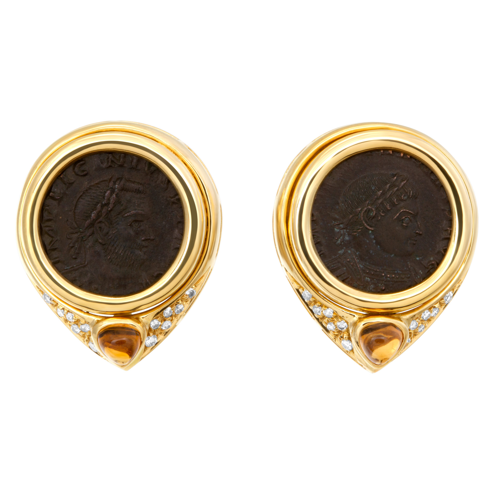 Ancient coin earrings in 18k with diamonds and citrines cabochon
