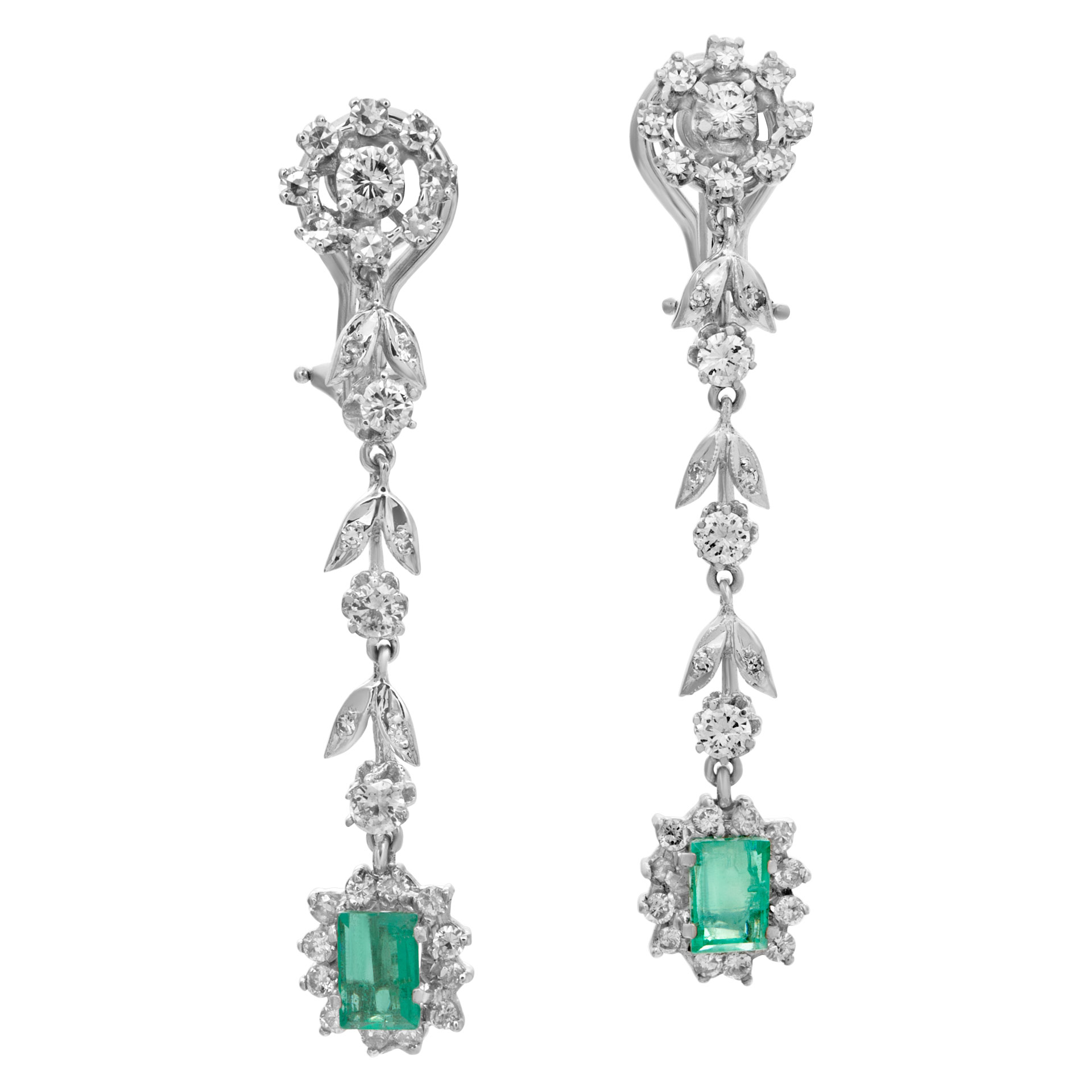 Dangling earrings with over 1 carat in diamonds and 0.50 carat in emeralds