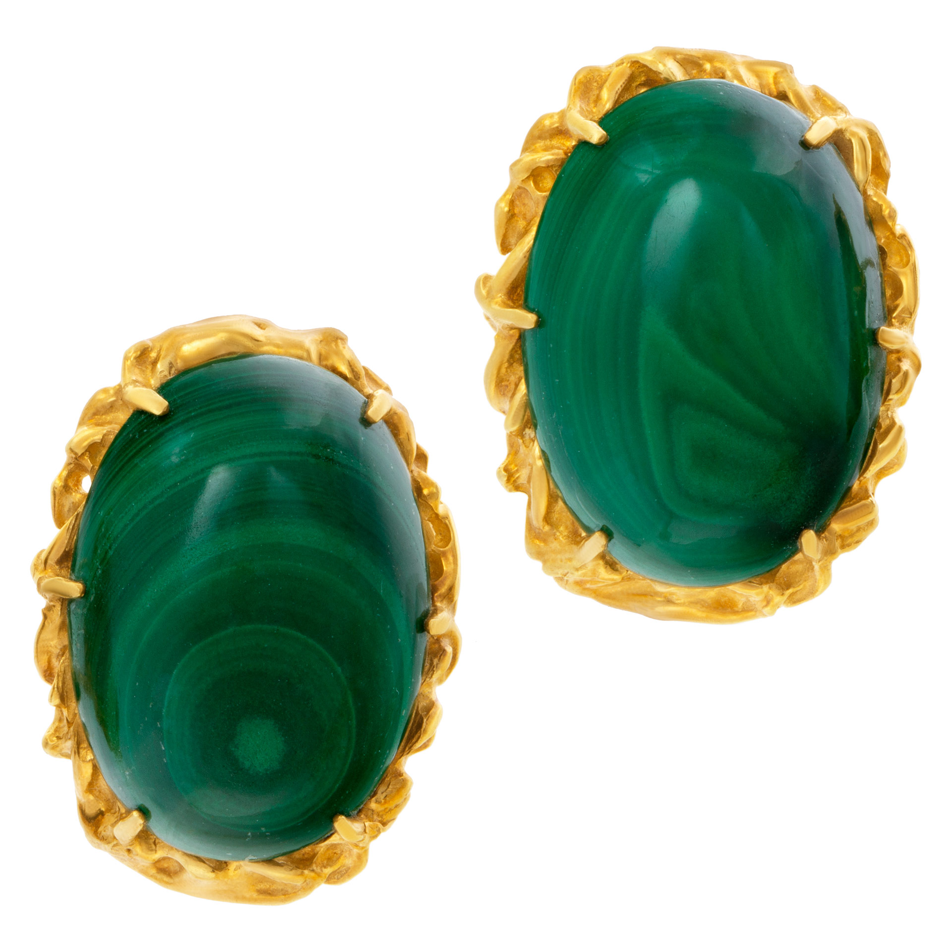Green cabochon  Malachite earrings set in 18k yellow gold with omega clip/post back