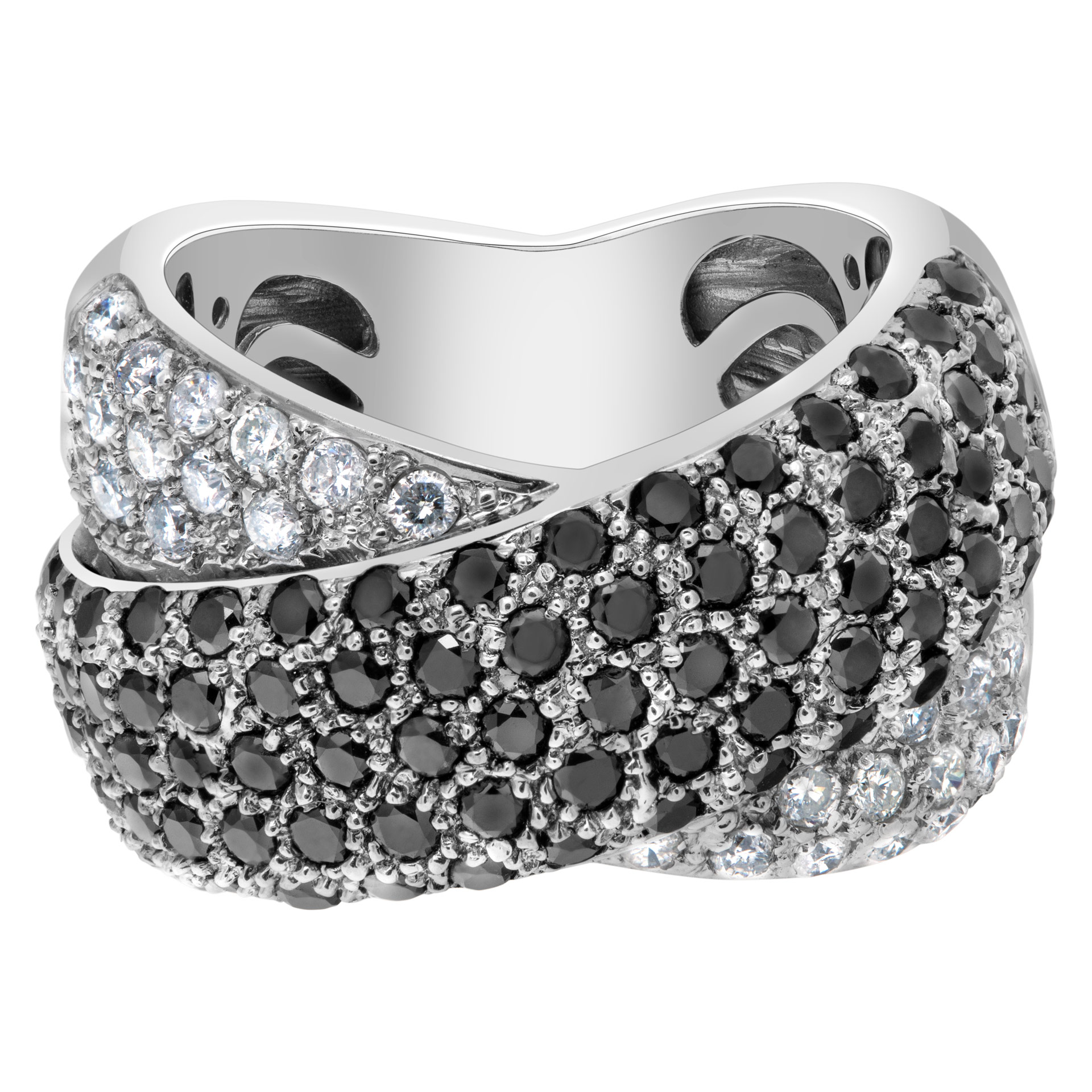 Black and white diamond X kiss ring in 14k white gold over 1.5 cts