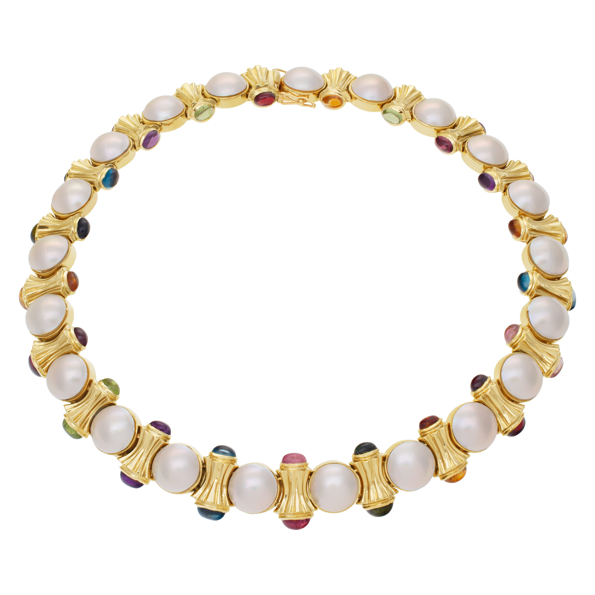 Mabe pearls & oval cut cabochon semi precious colored stones choker necklace set in 14K gold.