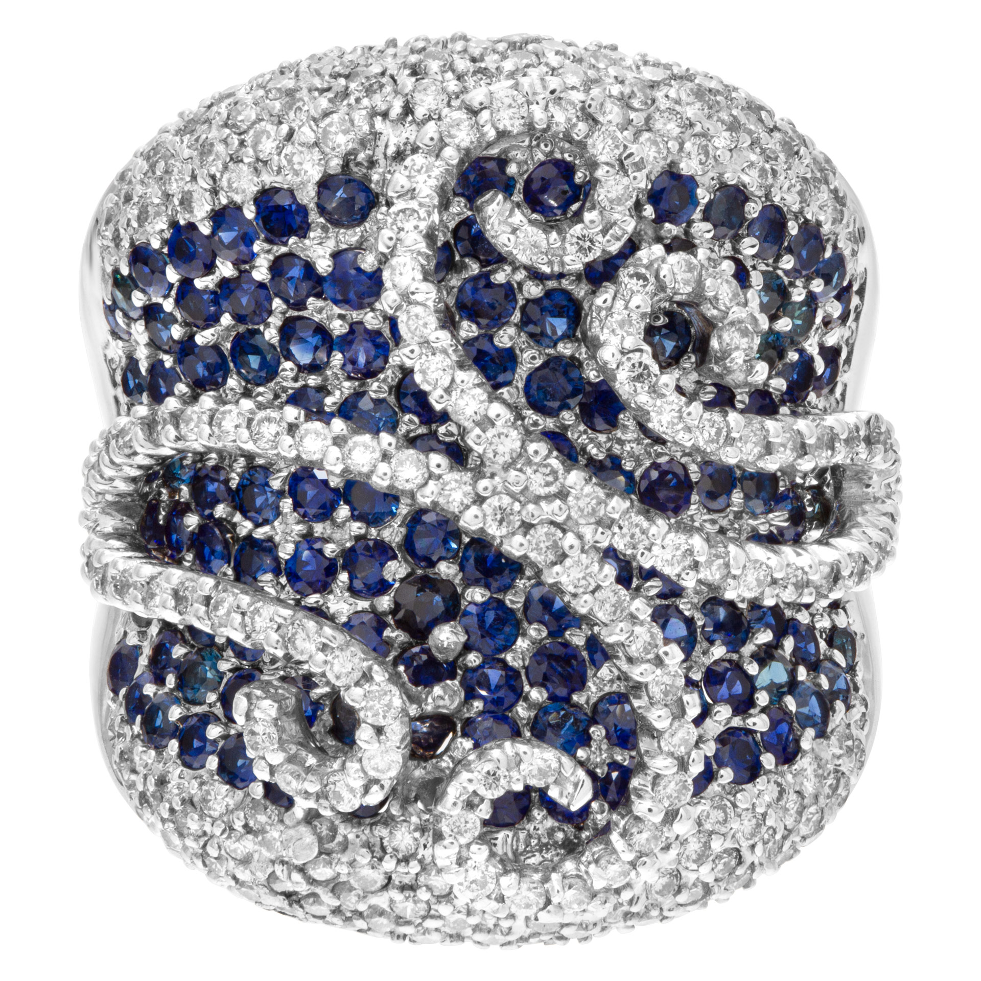 Wide pave diamonds & pave sapphire ring set in 18K white gold.