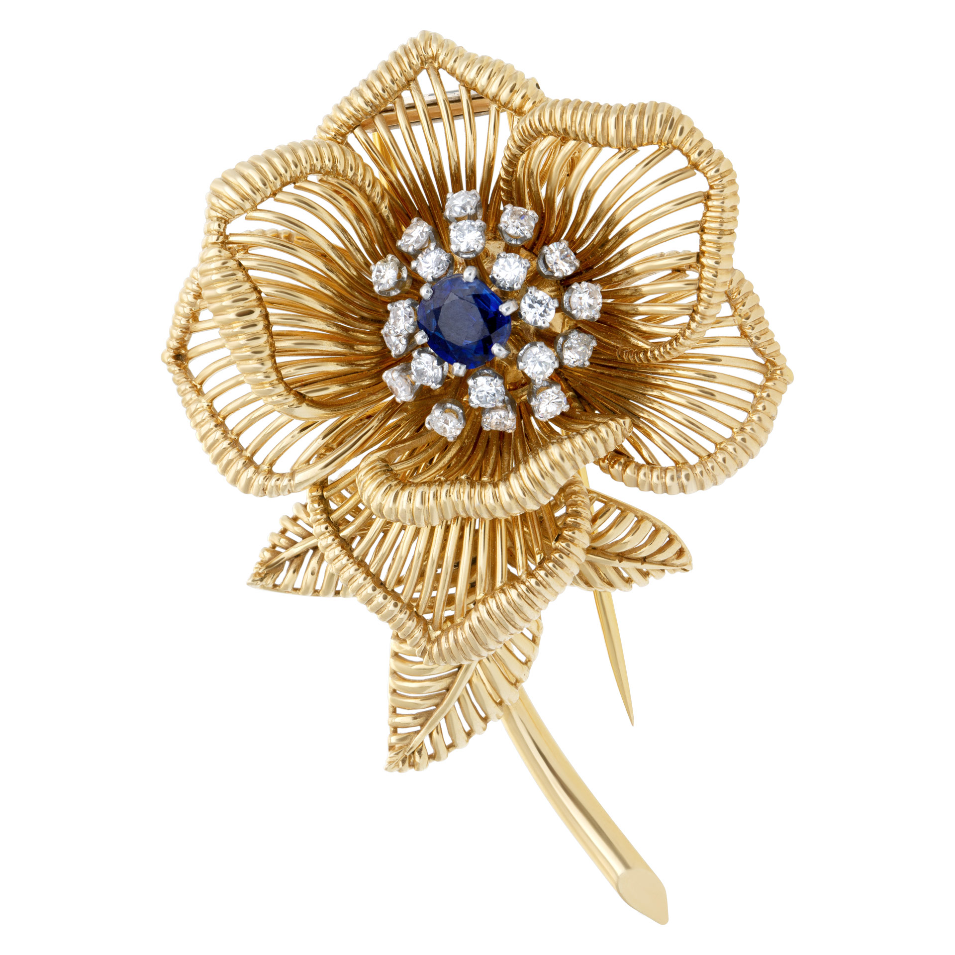 Sapphire & diamonds flower brooch in 18k yellow gold. Round brilliant cut diamonds total approx. weight: 1.00 carat