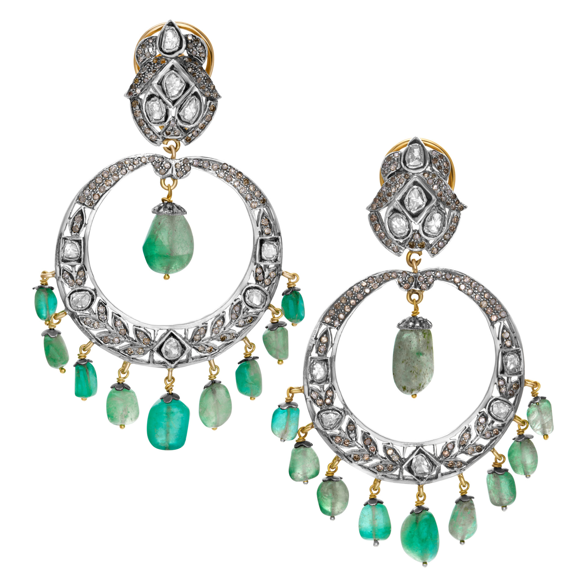 Boho style "Chandelier" earrings with light green emerald beads and over 5 carats rose cut diamonds, set in 14K gold nd sterling silver.