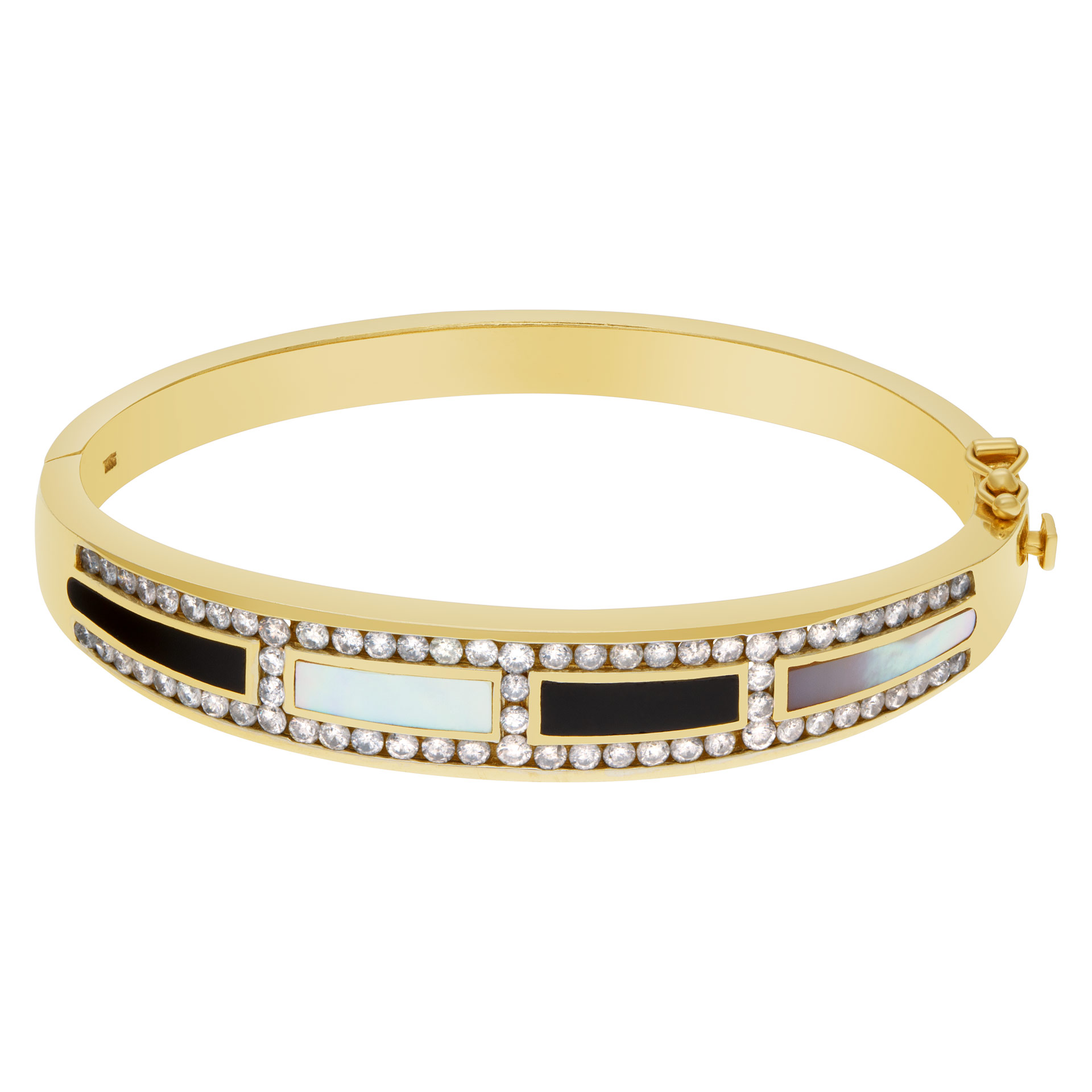 Regal diamond bangle in 14k with mother of pearl, black onyx inlay and diamonds