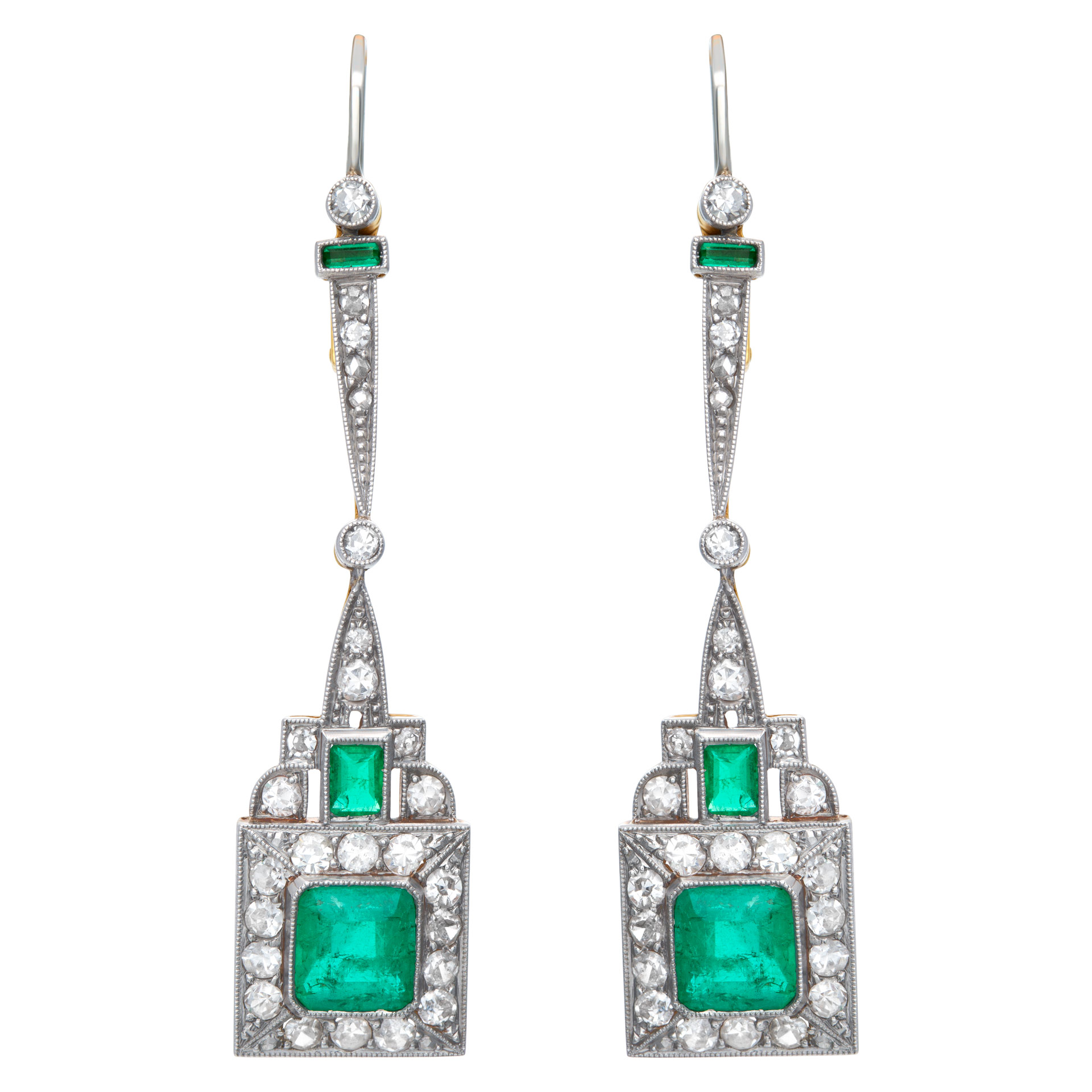 Vintage dangling emerald & diamonds earrings set in 18K yellow & white gold (Stones)